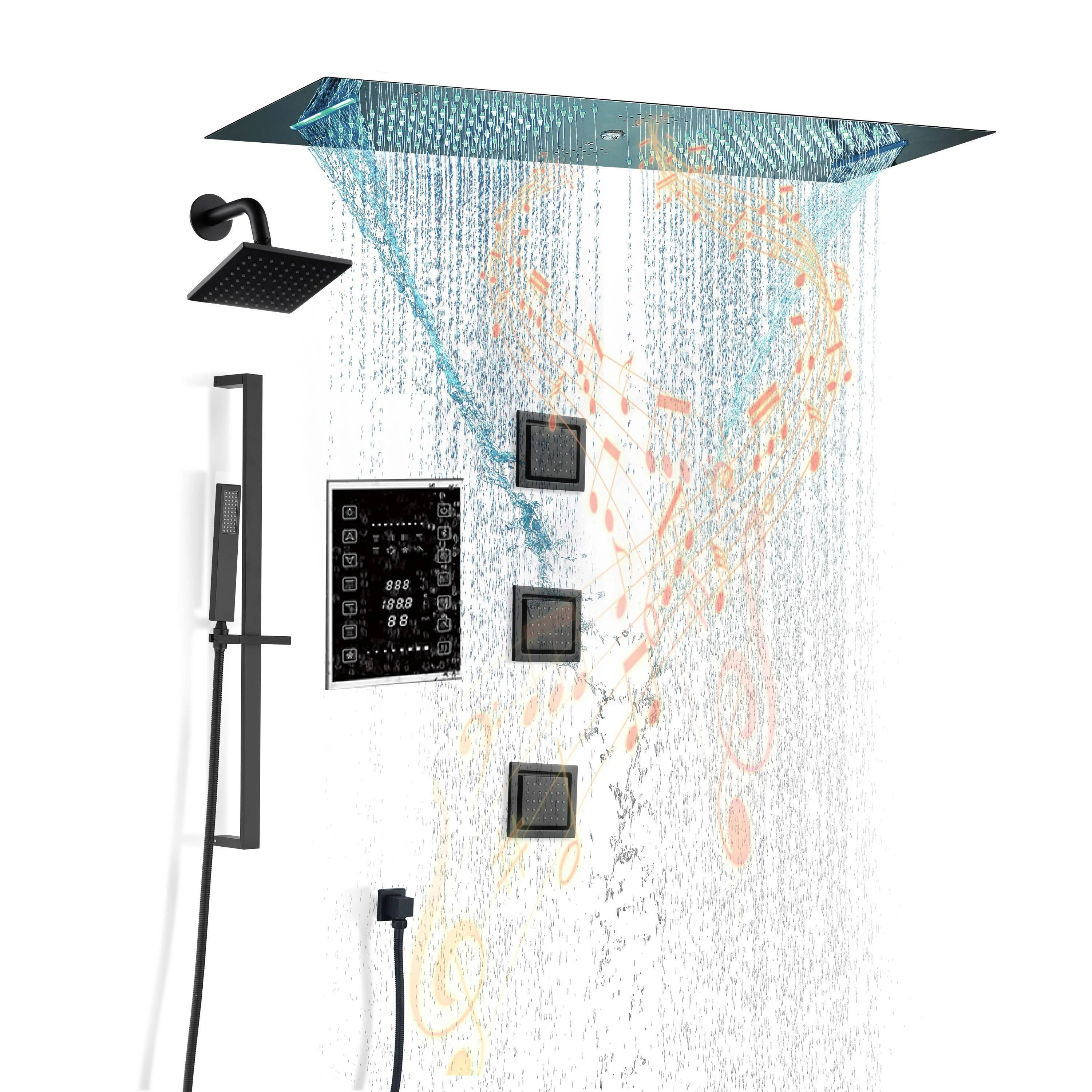 Matte Black 35" Bluetooth Music LED Shower System with Waterfall, 6-Way Touch Digital Thermostatic Valve, 3 Body Jets - Image 5