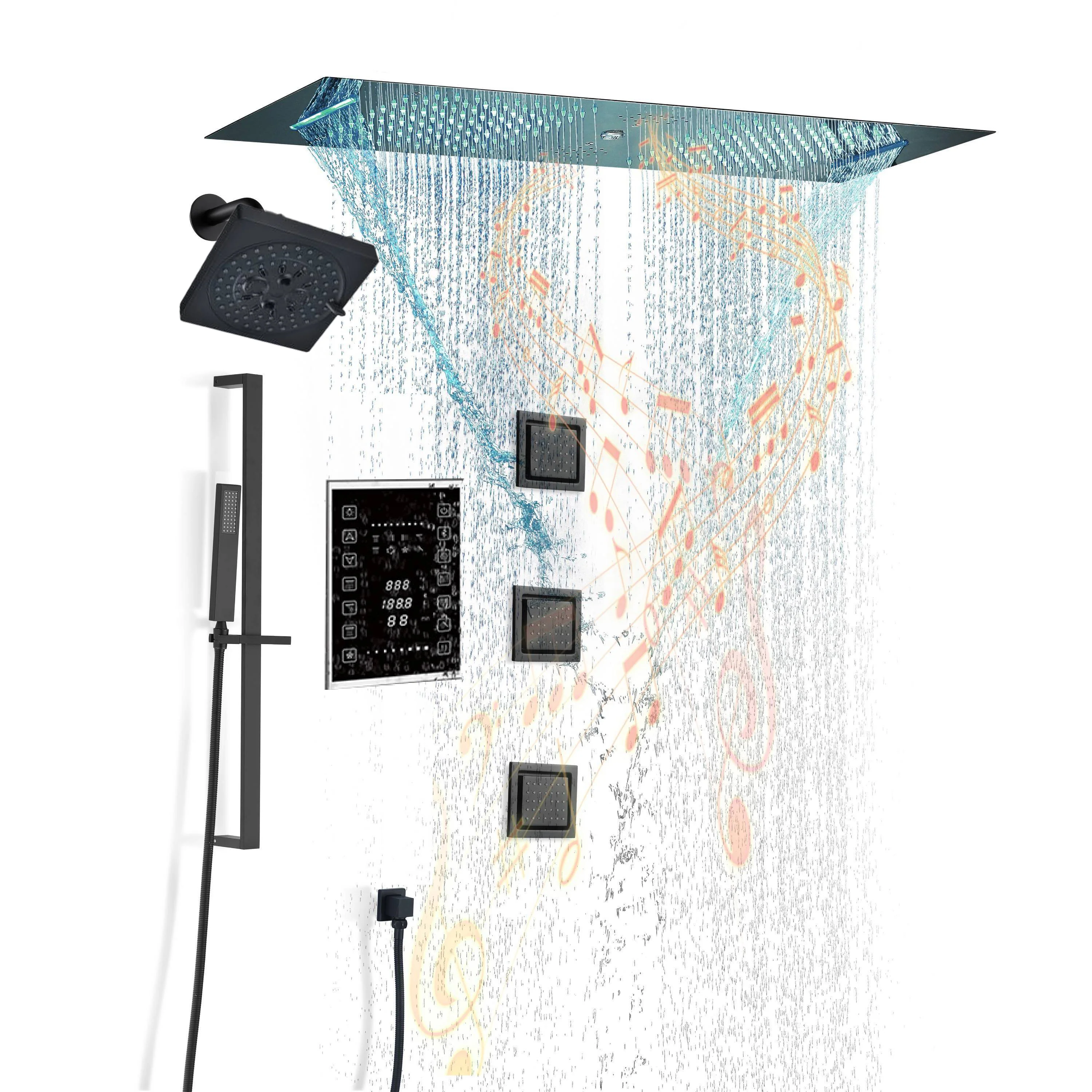 Matte Black 35" Bluetooth Music LED Shower System with Waterfall, 6-Way Touch Digital Thermostatic Valve, 3 Body Jets - Image 6