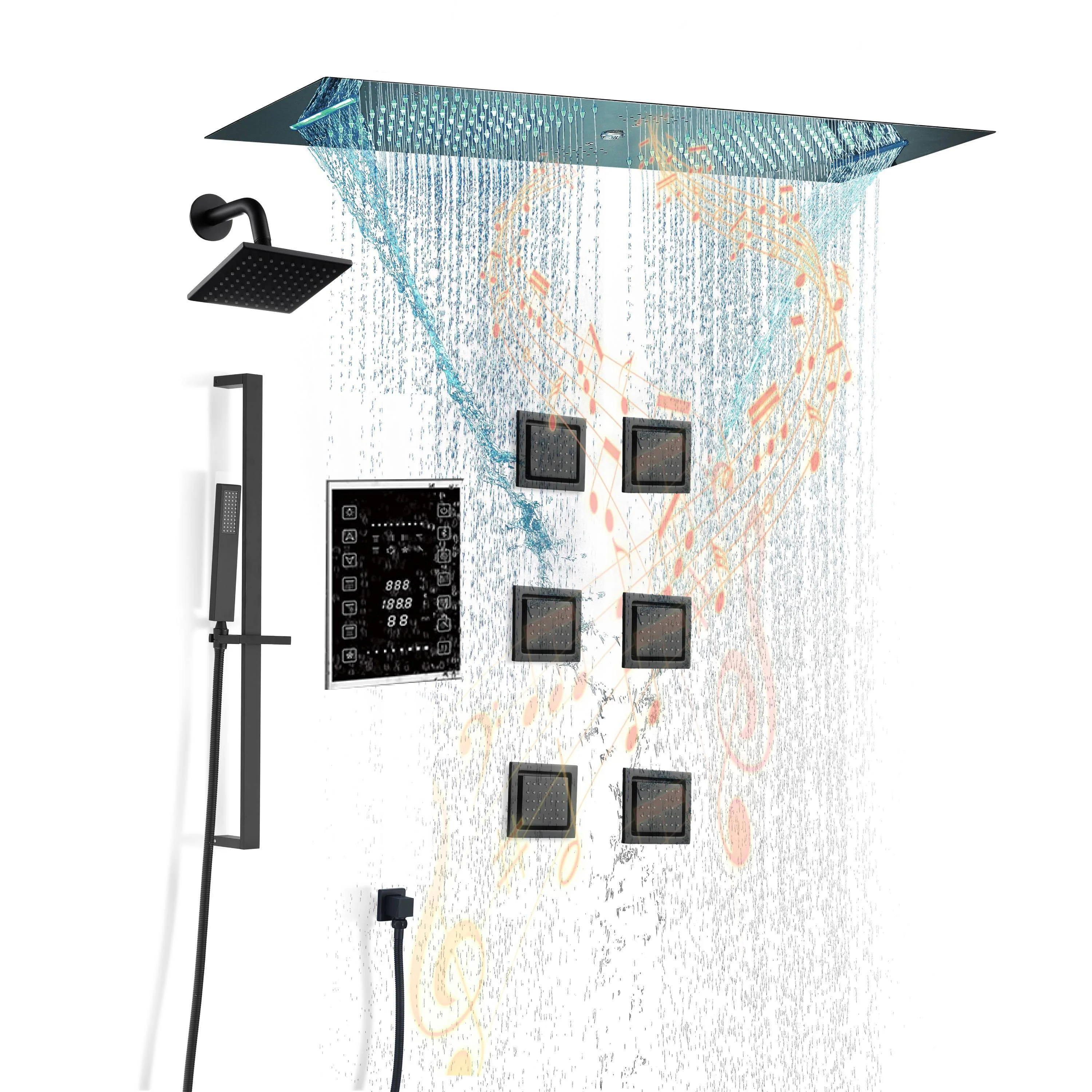 Matte Black 35" Bluetooth Music LED Shower System with Waterfall, 6-Way Touch Digital Thermostatic Valve, 3 Body Jets - Image 7