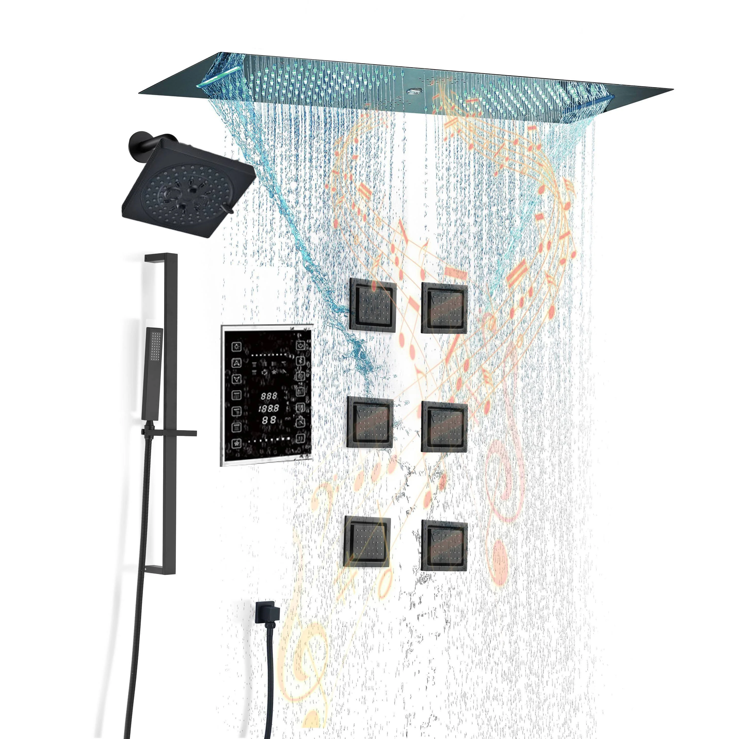 Matte Black 35" Bluetooth Music LED Shower System with Waterfall, 6-Way Touch Digital Thermostatic Valve, 3 Body Jets - Image 8