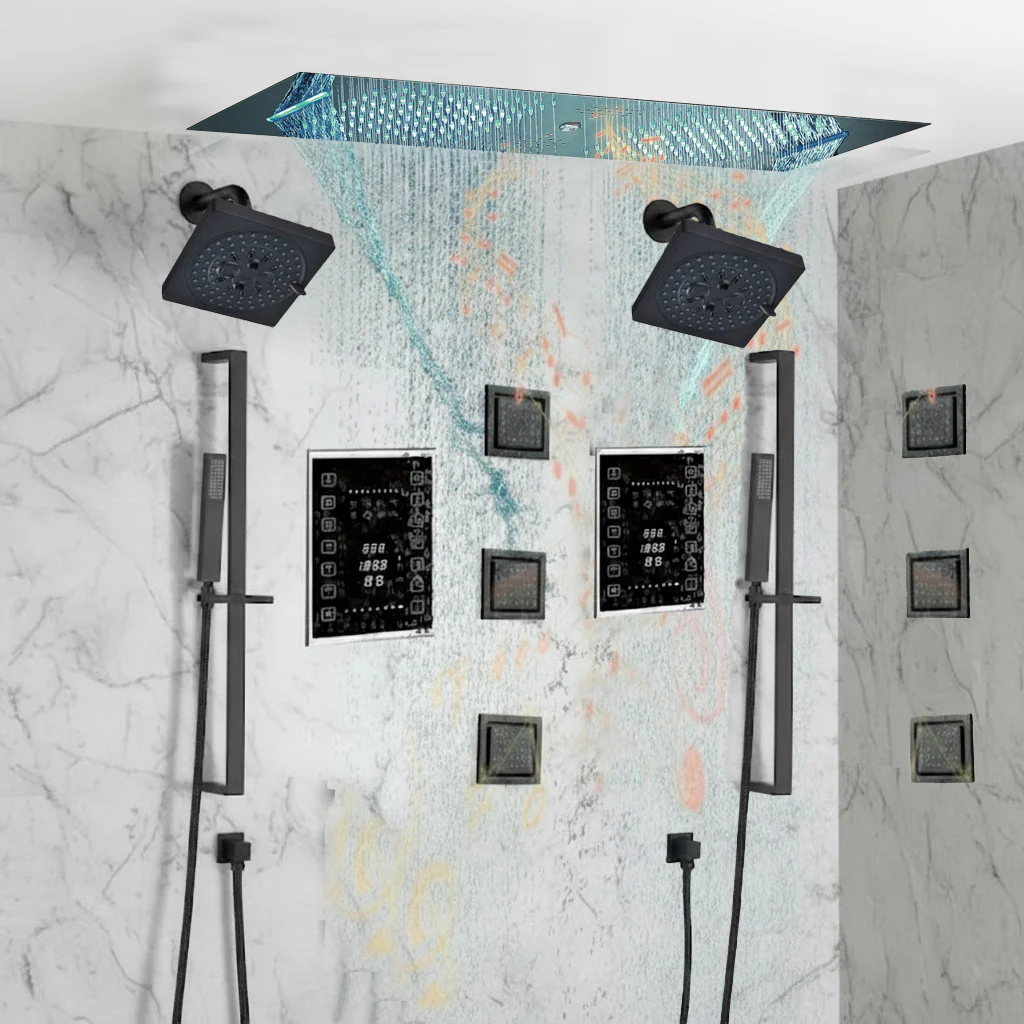 Matte Black 35" Bluetooth Music LED Shower System with Waterfall, 12-Way Touch Digital Thermostatic Valve, 6 Body Jets - Image 2