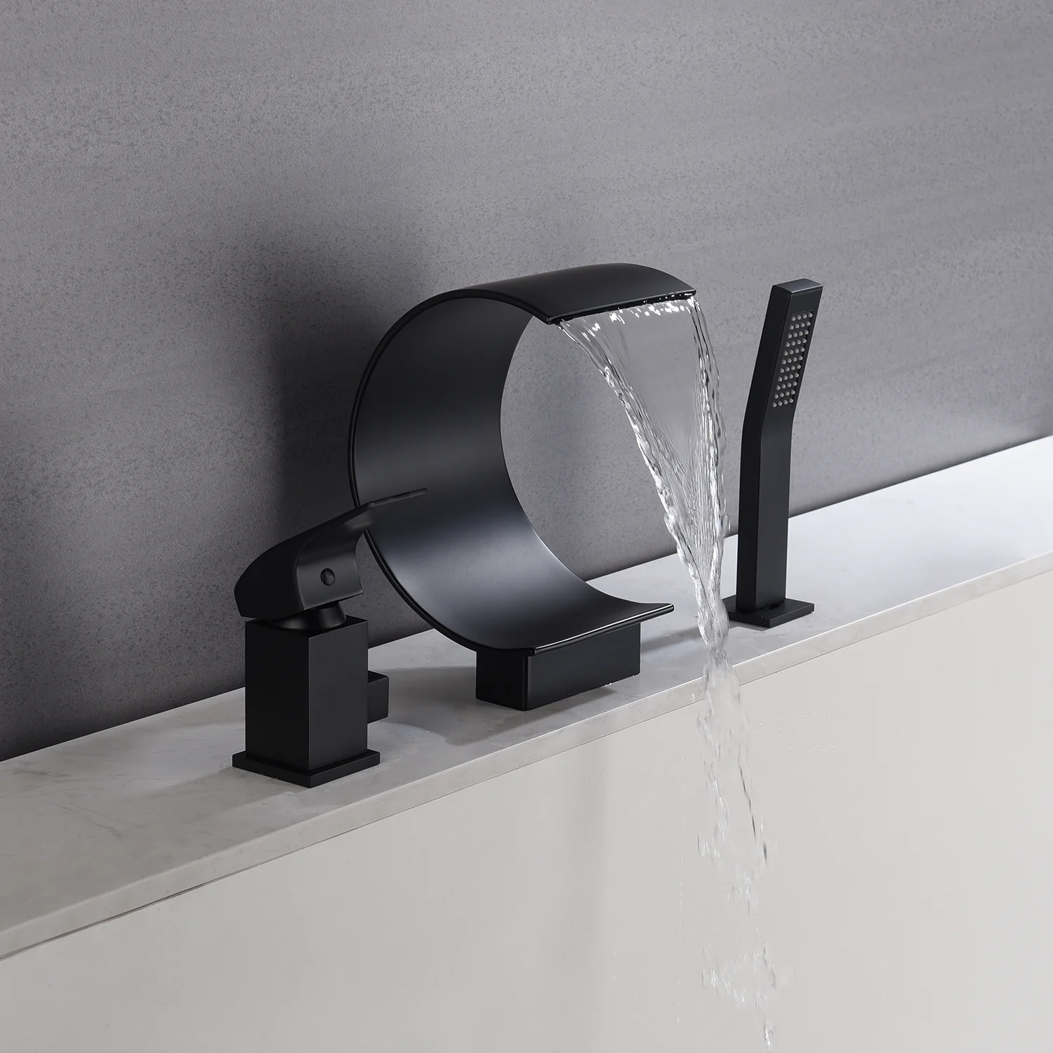 Matte black Bathtub Faucet Waterfall Mixer Faucet with Hand Shower Deck Mount - Image 3