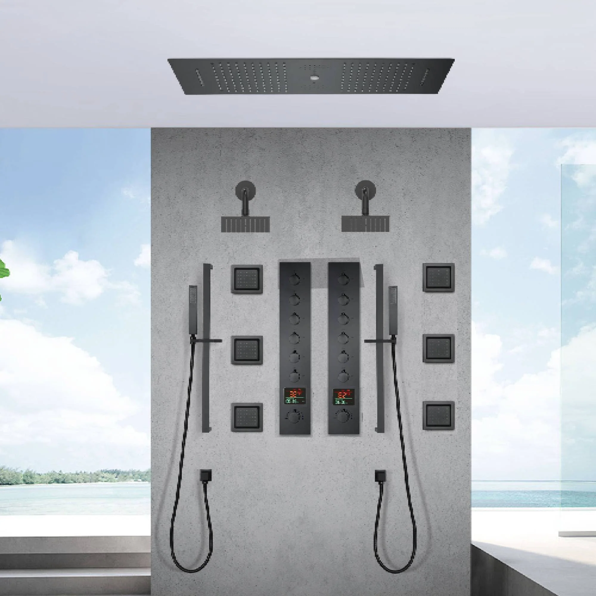 Matte Black 35" Bluetooth Music LED Shower System with Waterfall, 6-Way Digital Thermostatic Valve, 6 Body Jets, Dual Regular Heads - Image 2