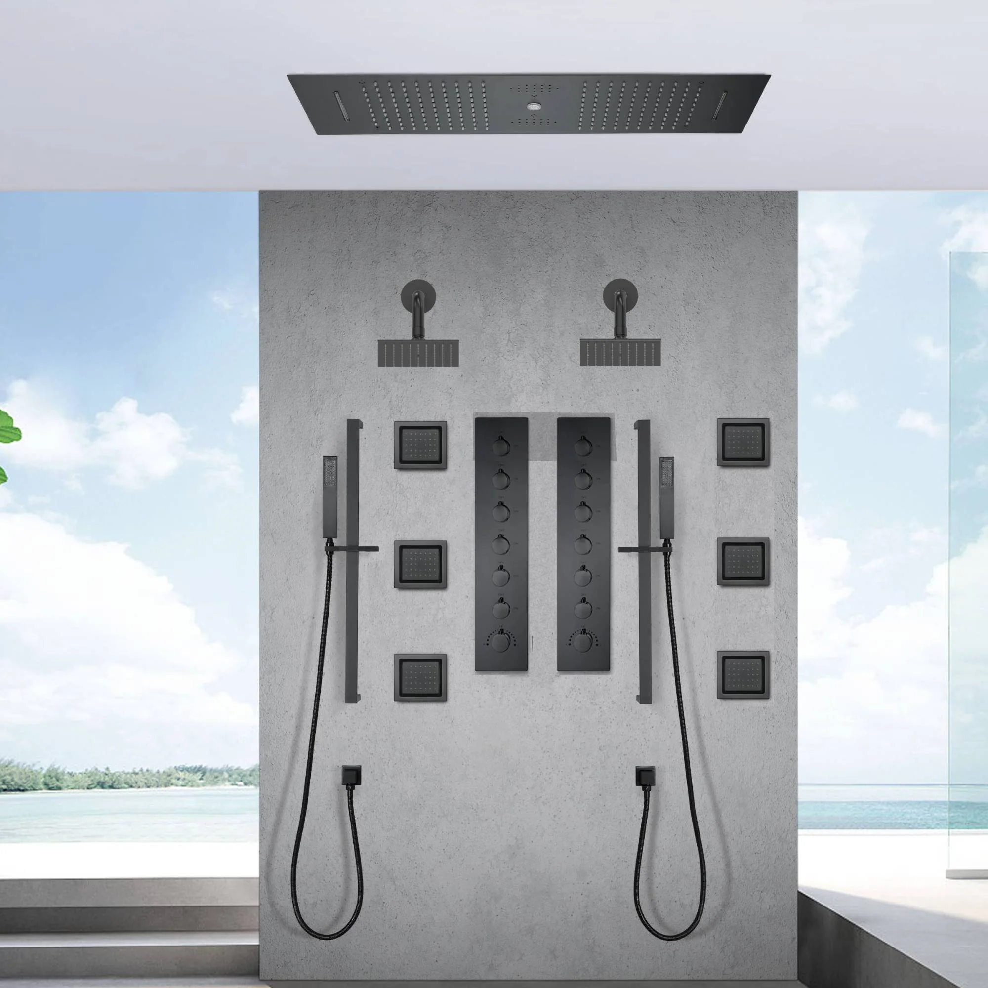 Matte Black 35" Bluetooth Music LED Shower System with Waterfall, 6-Way Digital Thermostatic Valve, 6 Body Jets, Dual Regular Heads - Image 3