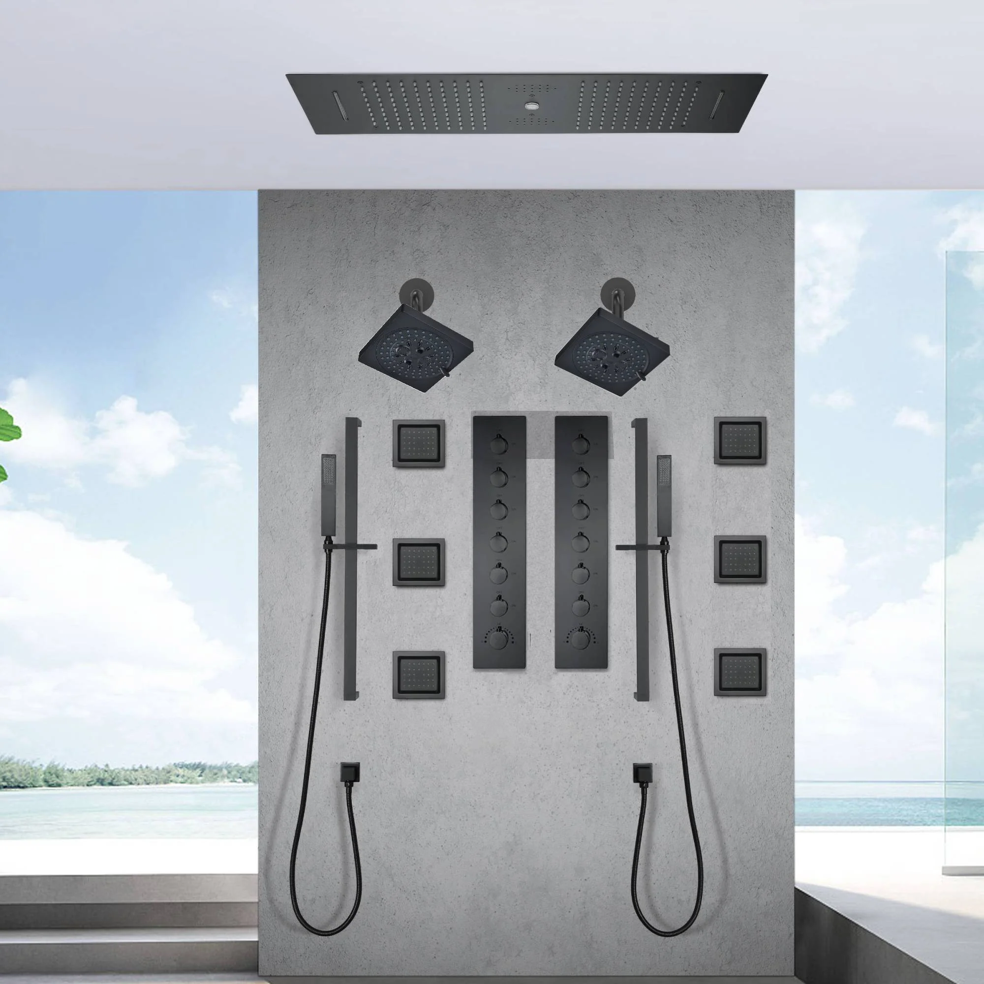Matte Black 35" Bluetooth Music LED Shower System with Waterfall, 6-Way Digital Thermostatic Valve, 6 Body Jets, Dual Regular Heads - Image 4