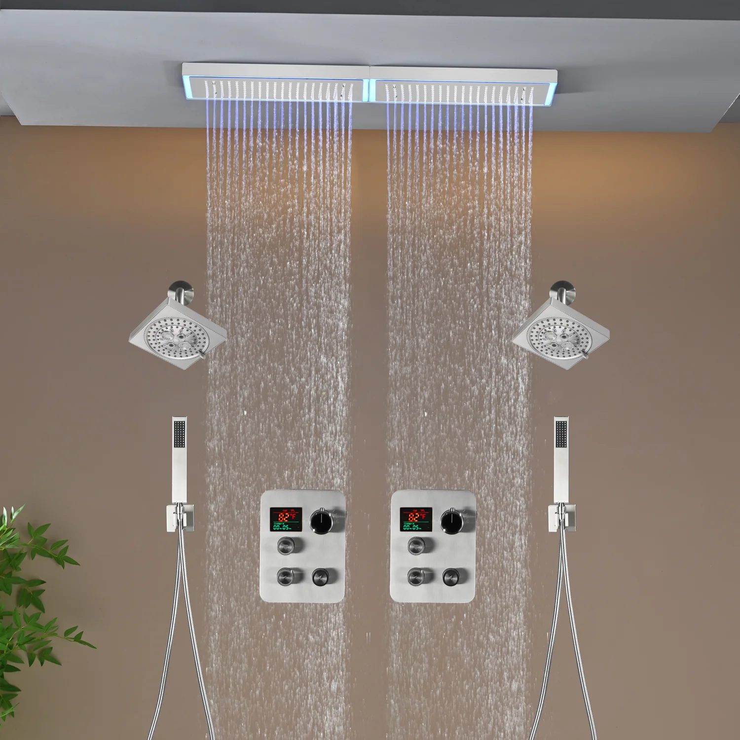 Flush Mount 32 x 8 inch Rainfall 64 LED Light Shower Head with 6-Way Thermostatic Faucet and High-Pressure Dual Regular Heads - Image 17