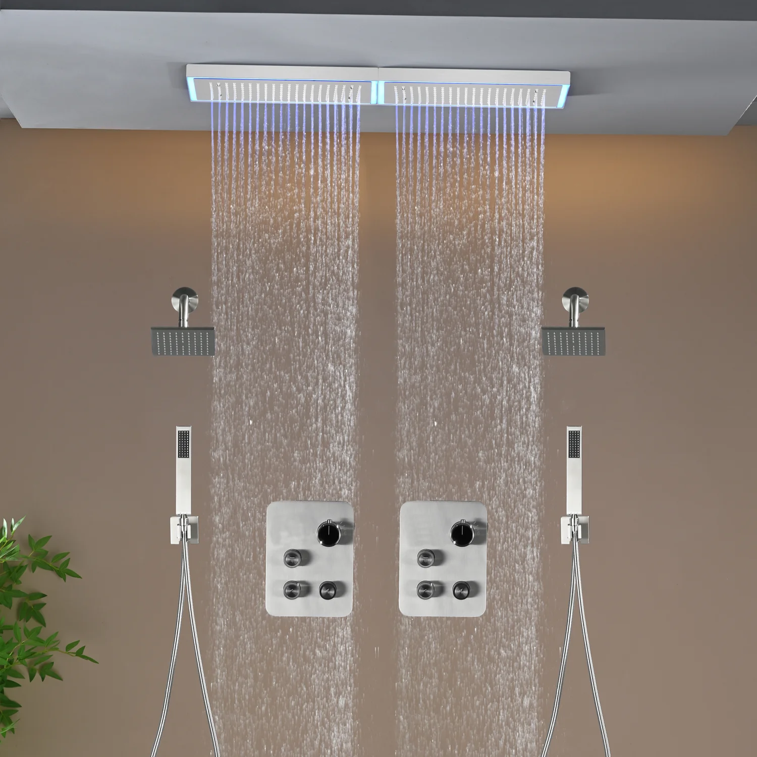 Flush Mount 32 x 8 inch Rainfall 64 LED Light Shower Head with 6-Way Thermostatic Faucet and High-Pressure Dual Regular Heads - Image 18