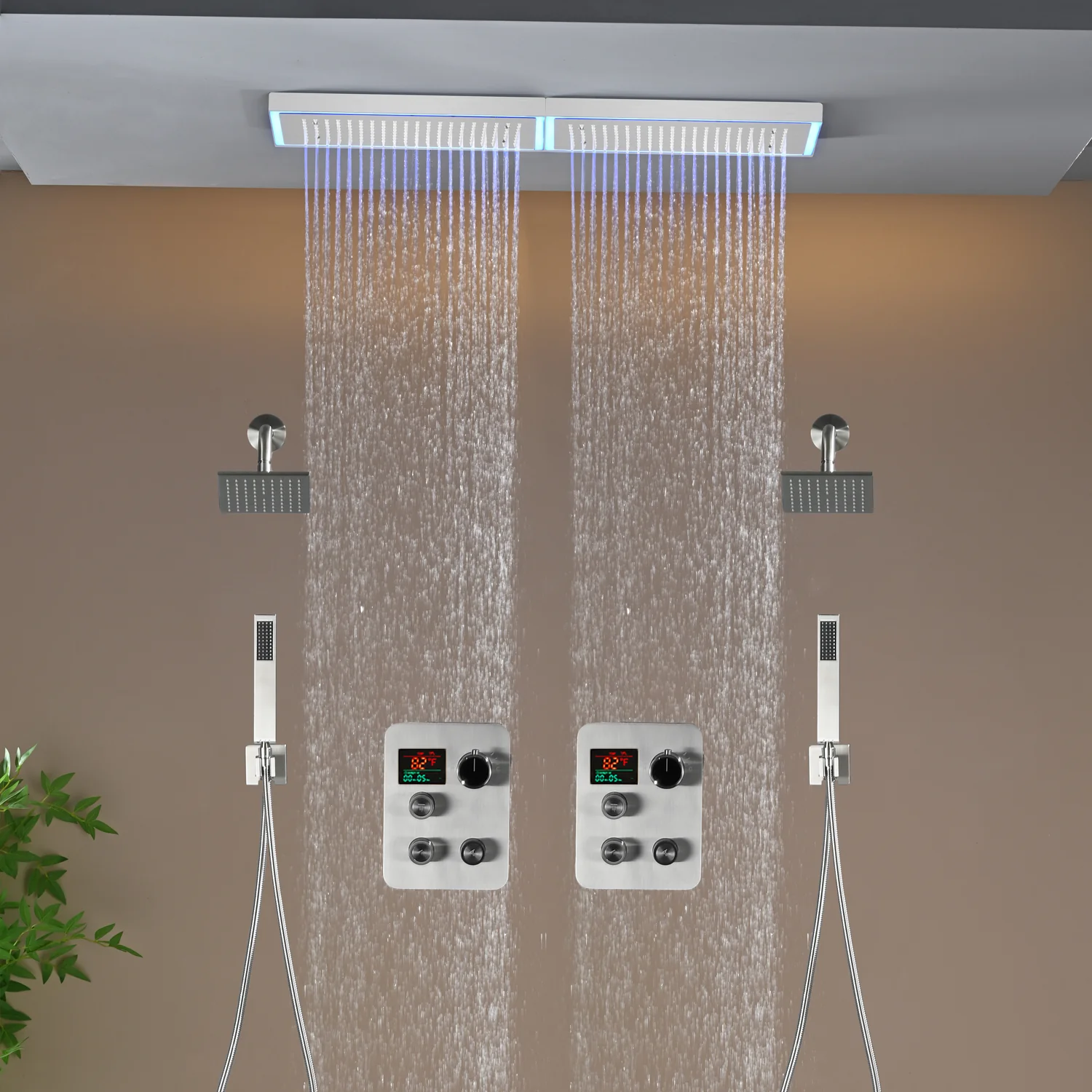 Flush Mount 32 x 8 inch Rainfall 64 LED Light Shower Head with 6-Way Thermostatic Faucet and High-Pressure Dual Regular Heads - Image 19
