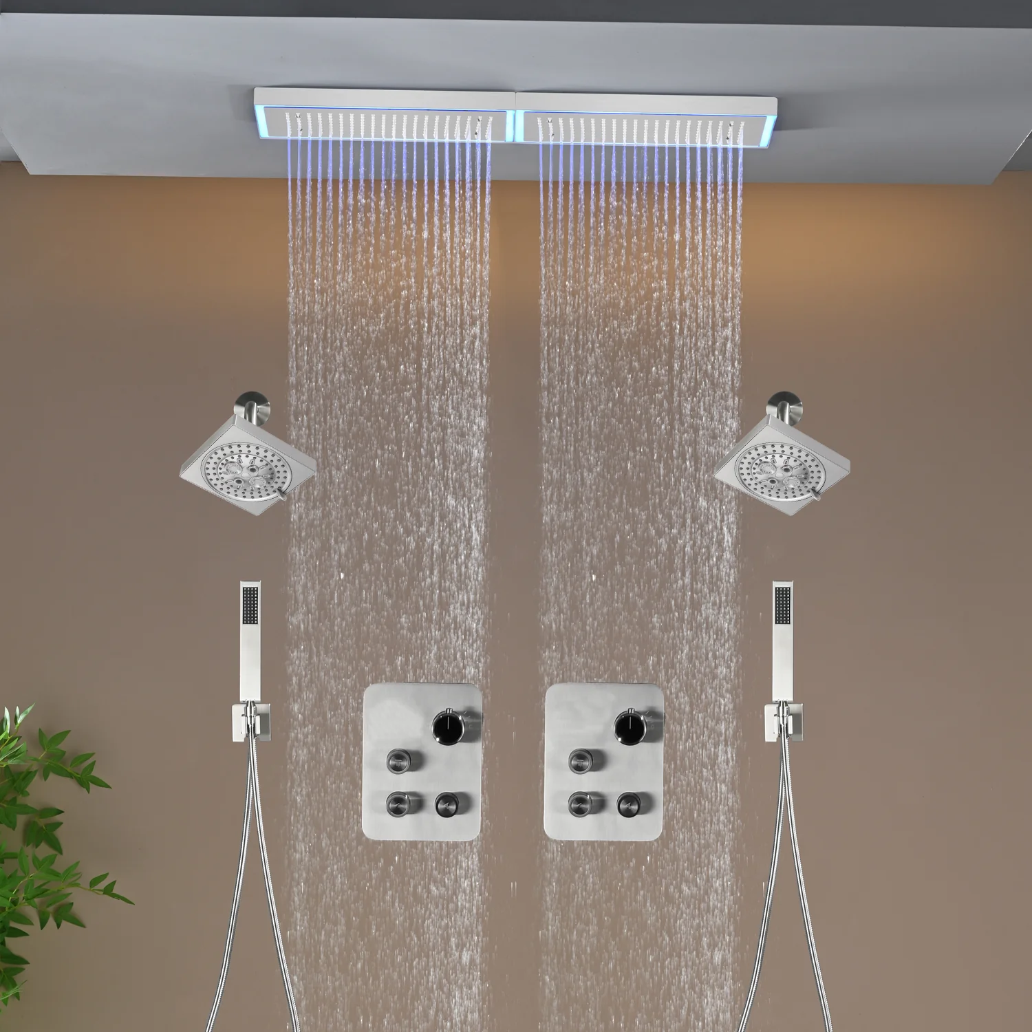 Flush Mount 32 x 8 inch Rainfall 64 LED Light Shower Head with 6-Way Thermostatic Faucet and High-Pressure Dual Regular Heads - Image 25