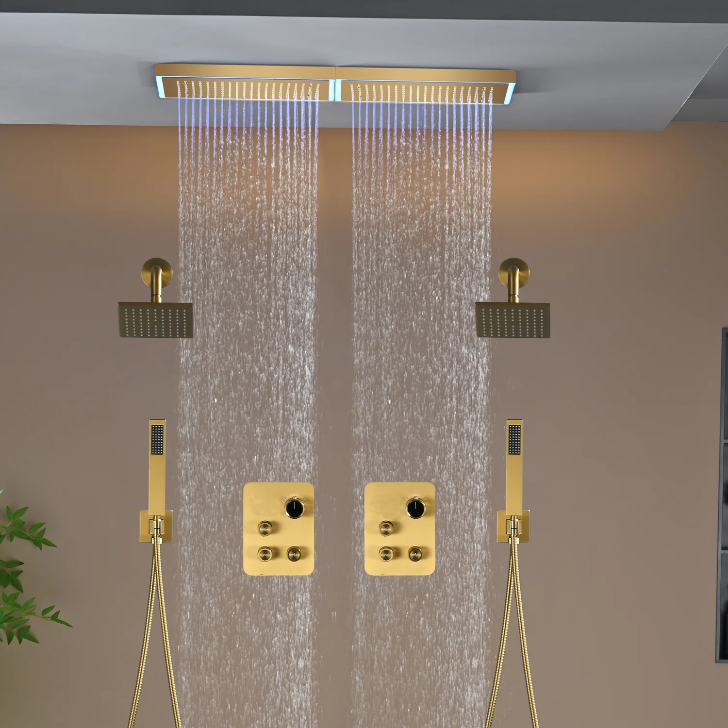 Flush Mount 32 x 8 inch Rainfall 64 LED Light Shower Head with 6-Way Thermostatic Faucet and High-Pressure Dual Regular Heads - Image 3