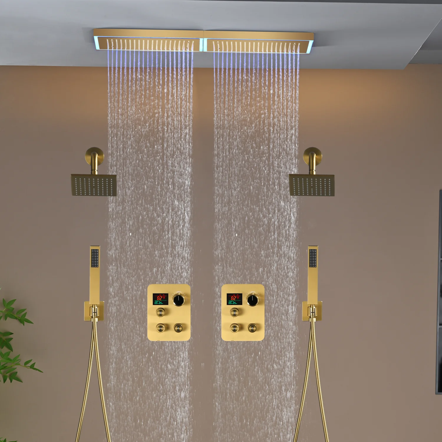 Flush Mount 32 x 8 inch Rainfall 64 LED Light Shower Head with 6-Way Thermostatic Faucet and High-Pressure Dual Regular Heads - Image 4