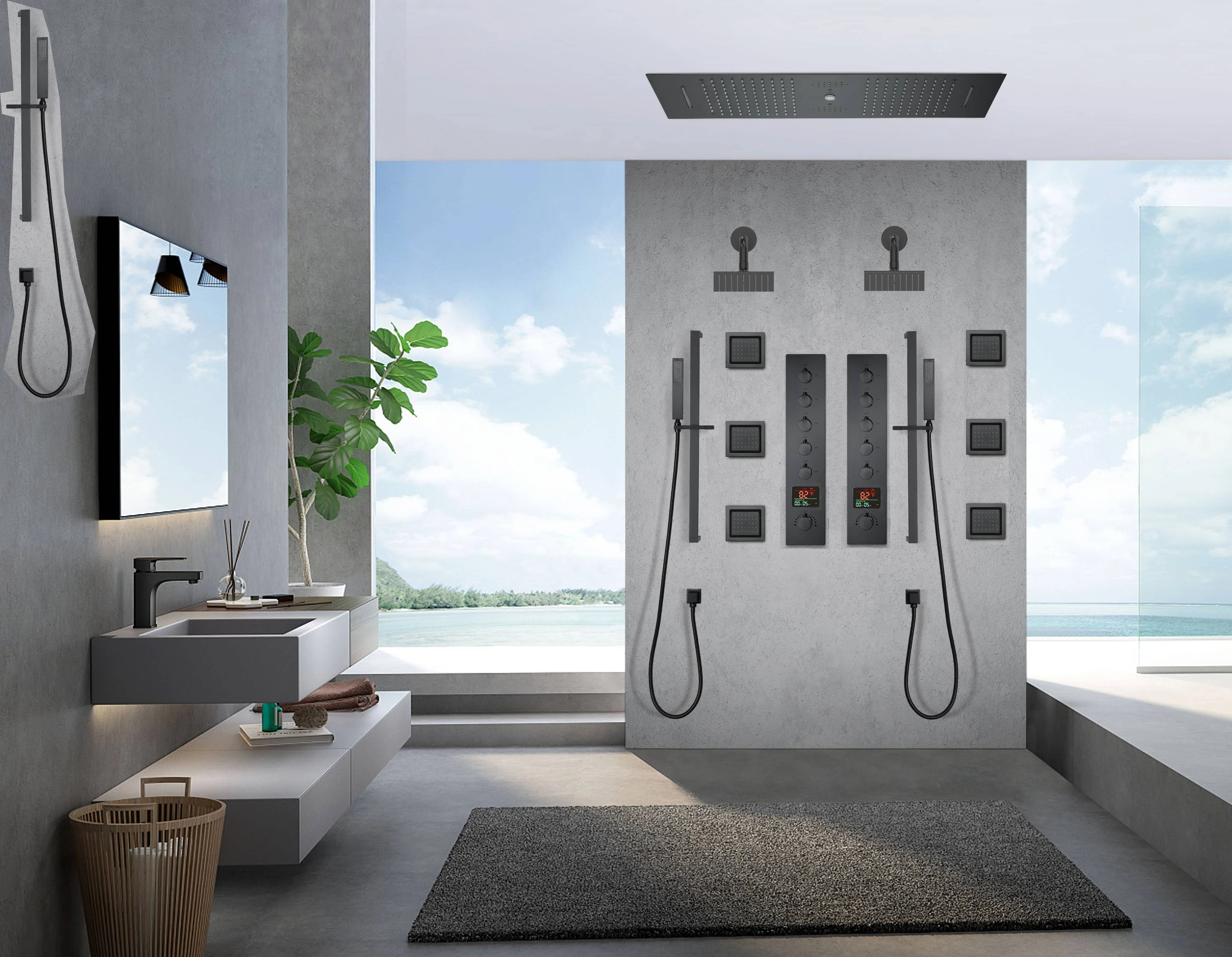 Matte Black 35" Bluetooth Music LED Shower System with Waterfall, 5-Way Digital Thermostatic Valve, 6 Body Jets - Image 2