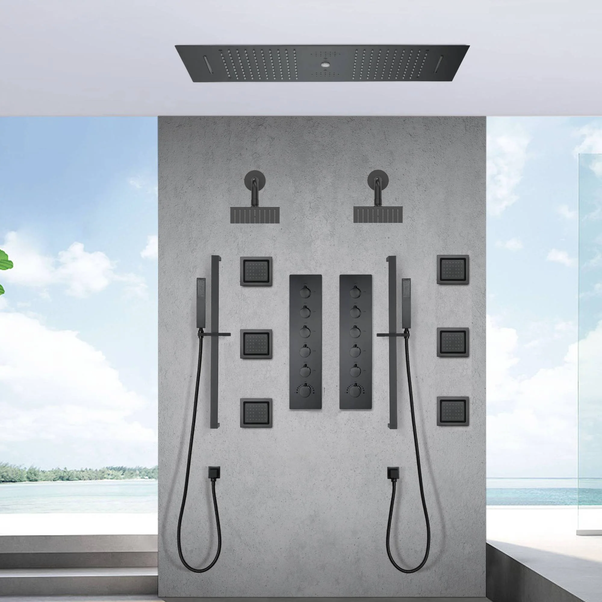 Matte Black 35" Bluetooth Music LED Shower System with Waterfall, 5-Way Digital Thermostatic Valve, 6 Body Jets - Image 3