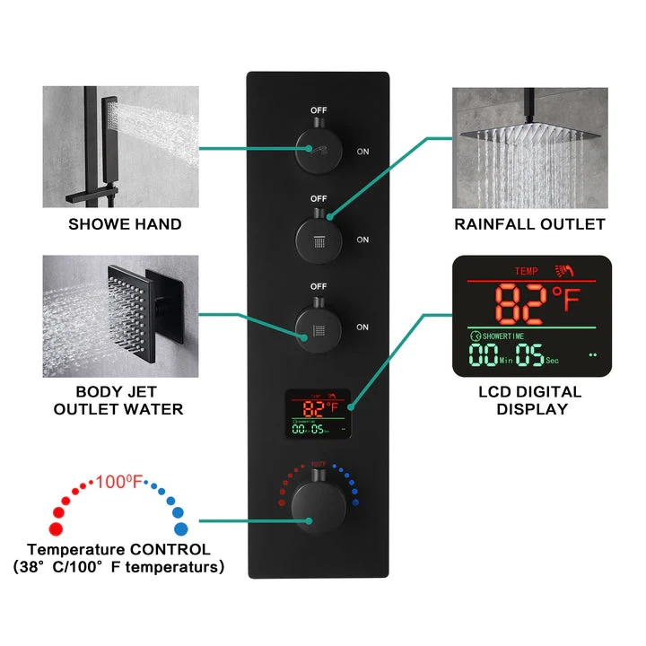 Matte Black Bluetooth Music rainfall waterfall 16inch 64 colors LED Flushed in 3 Way Digital Thermostatic Shower system - Image 6