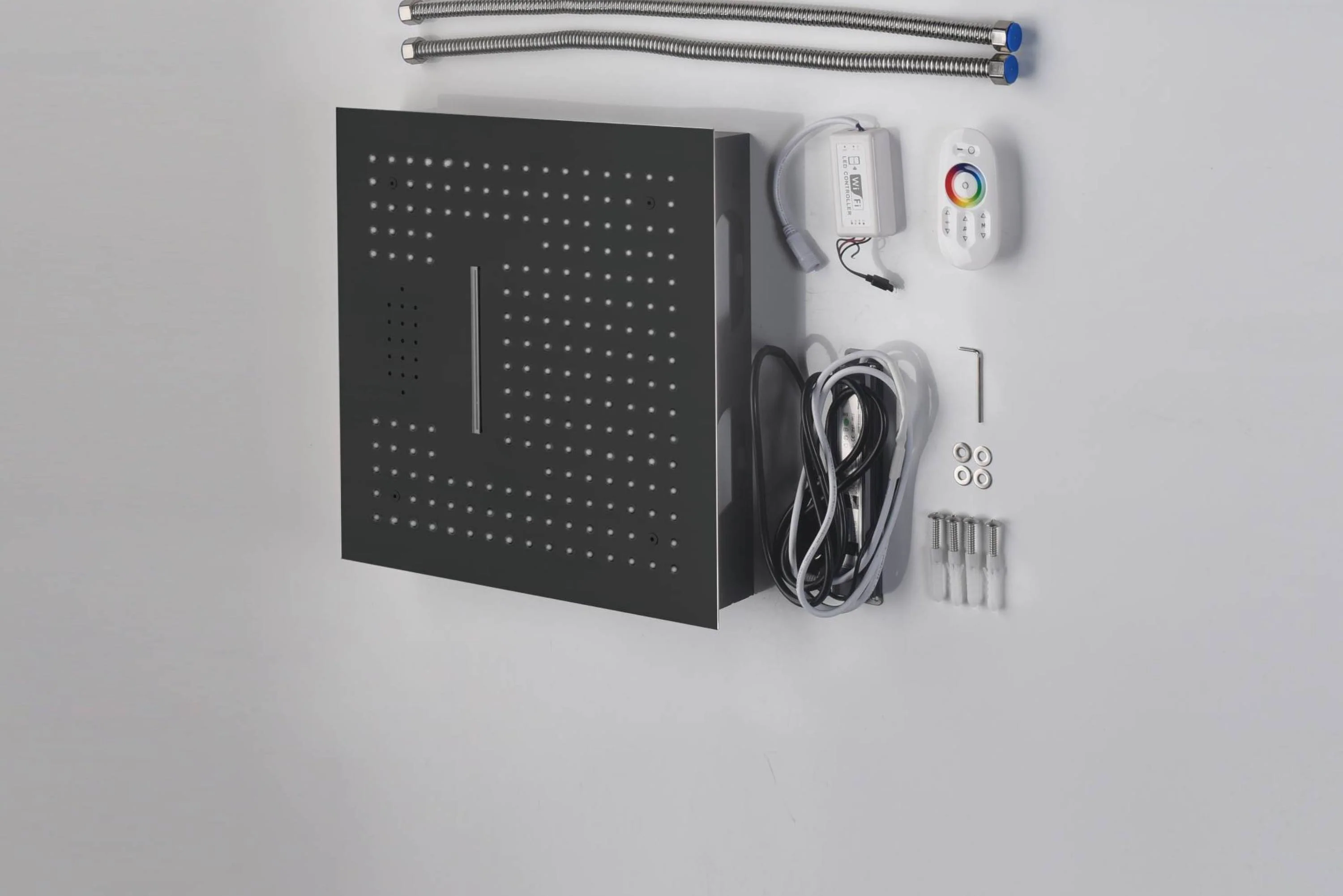 Matte Black Bluetooth Music rainfall waterfall 16inch 64 colors LED Flushed in 3 Way Digital Thermostatic Shower system - Image 7