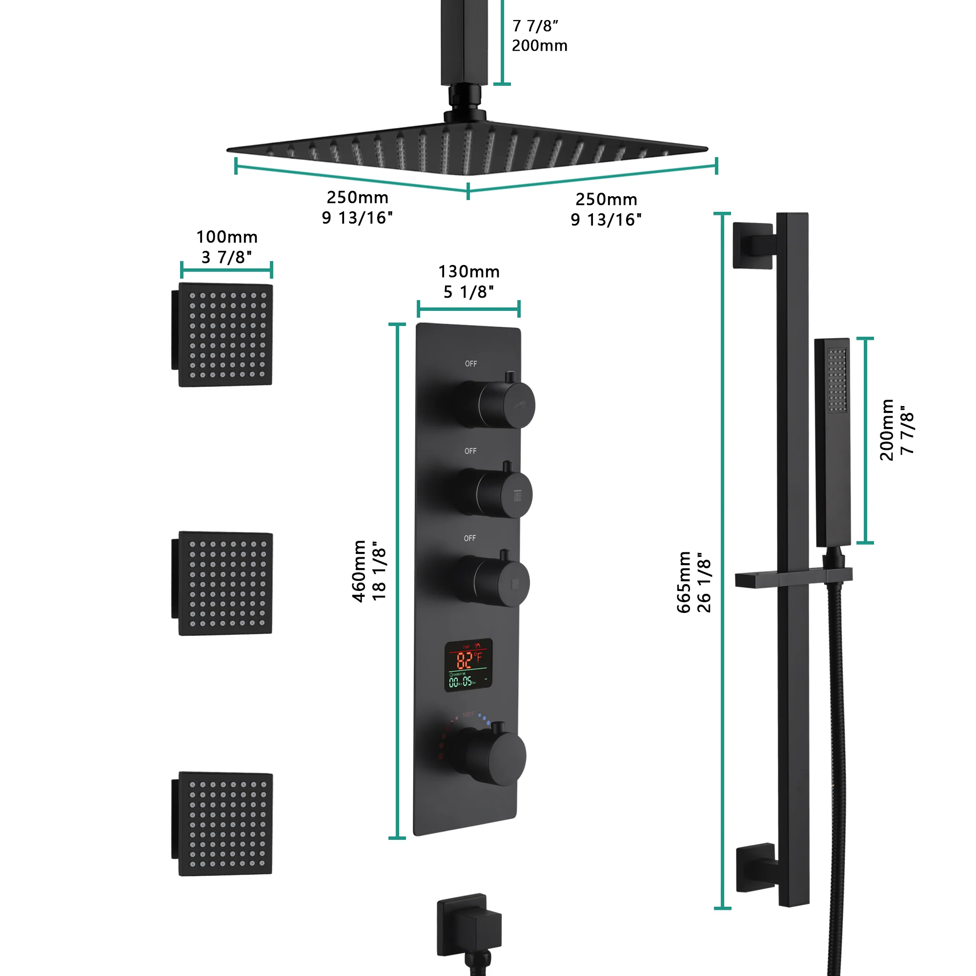 matte black ceiling mount 12 inch or 16 inch rain head 3 way digital display thermostatic shower faucet with large body sprayers - Image 3