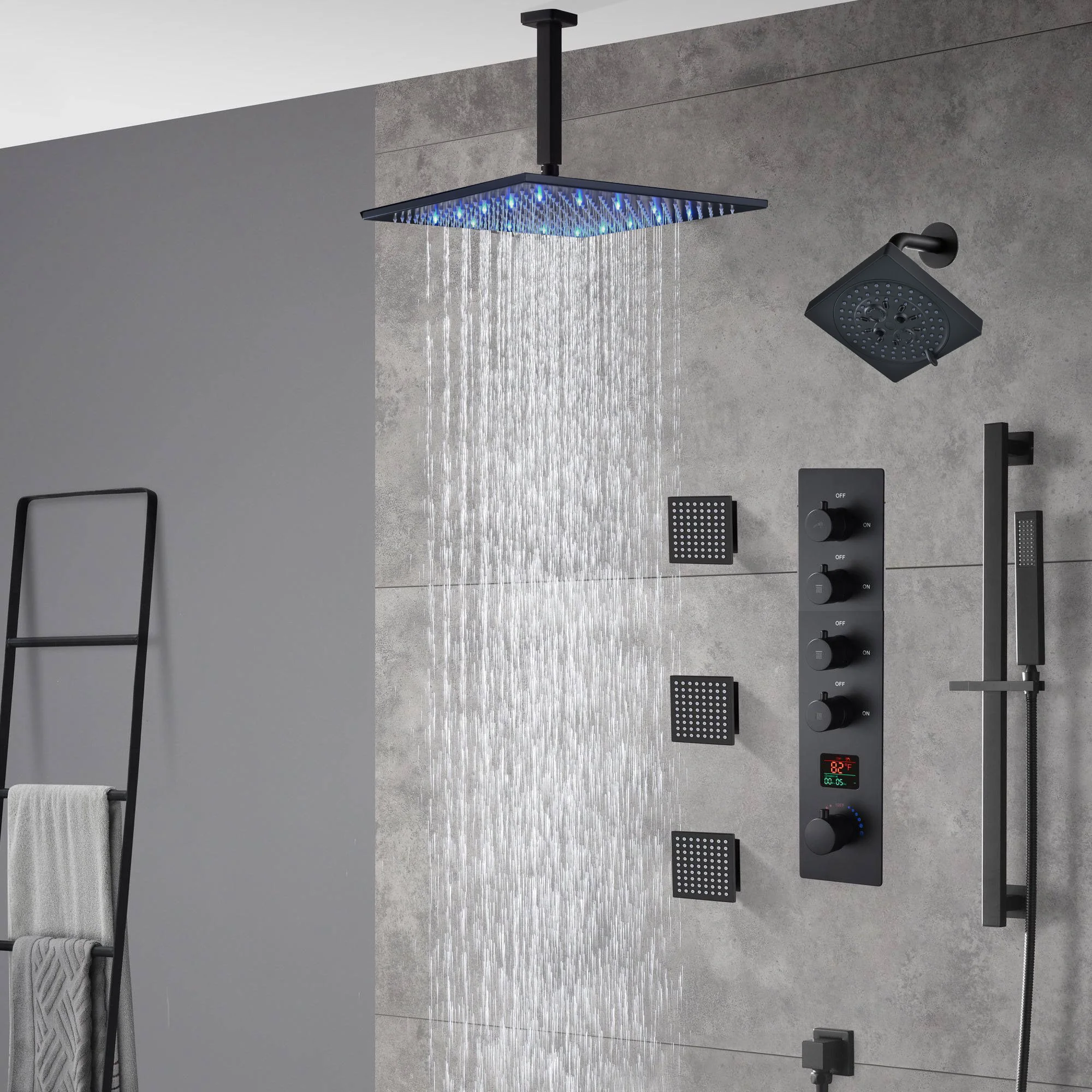 Matte Black Ceiling-Mounted 4-Way Digital Thermostatic Shower System with Regular and Rainfall Heads 12'' or 16'', Optional LED Light Feature - Image 10