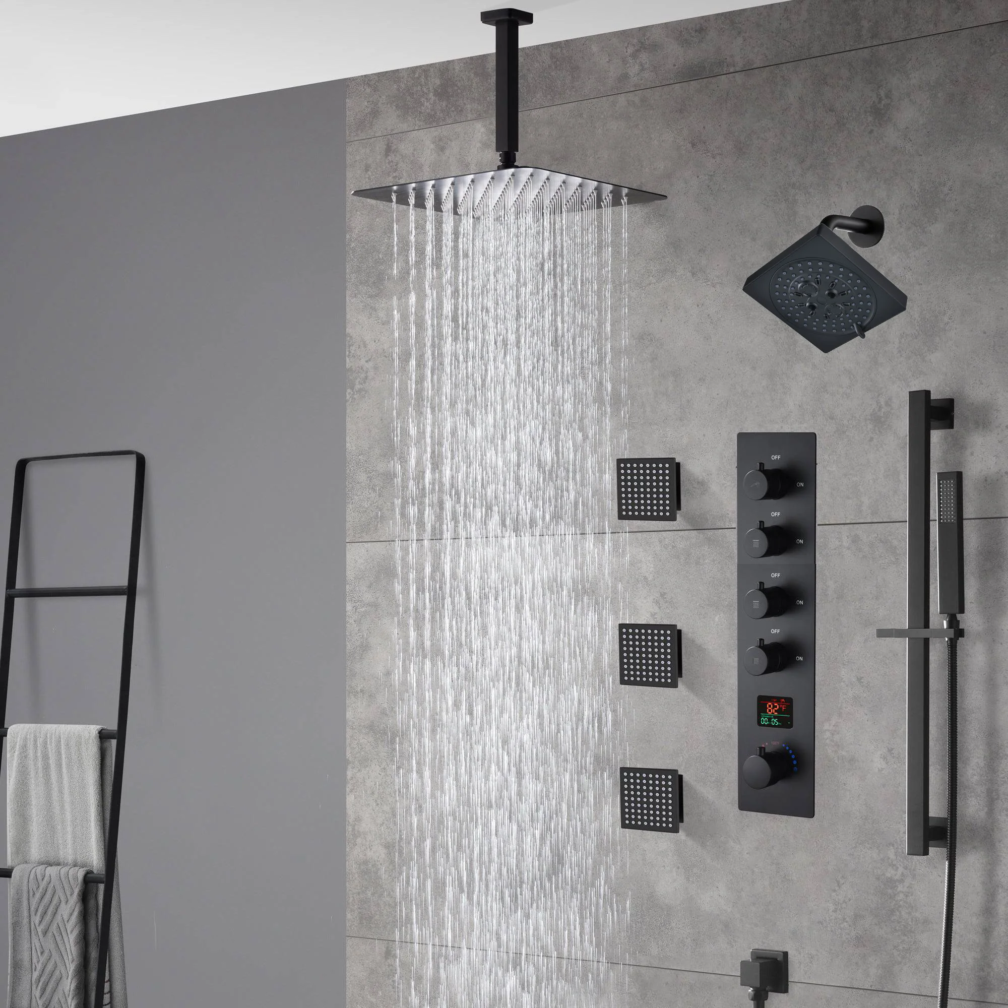 Matte Black Ceiling-Mounted 4-Way Digital Thermostatic Shower System with Regular and Rainfall Heads 12'' or 16'', Optional LED Light Feature - Image 11