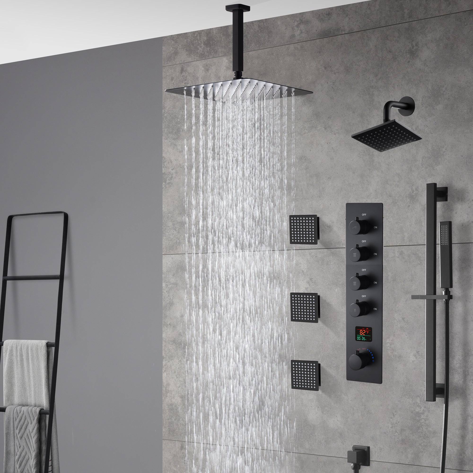 Matte Black Ceiling-Mounted 4-Way Digital Thermostatic Shower System with Regular and Rainfall Heads 12'' or 16'', Optional LED Light Feature - Image 2