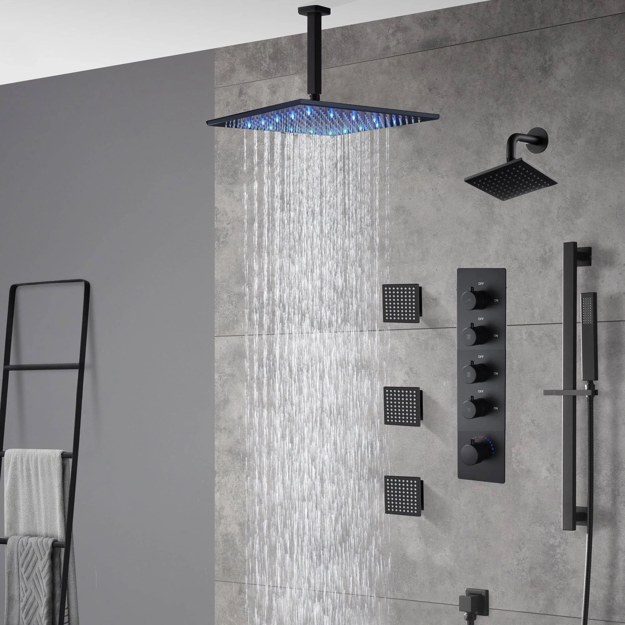 Matte Black Ceiling-Mounted 4-Way Digital Thermostatic Shower System with Regular and Rainfall Heads 12'' or 16'', Optional LED Light Feature - Image 3