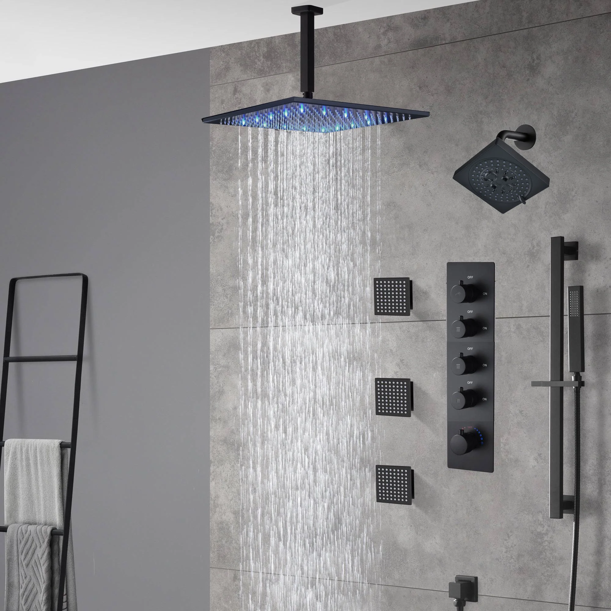 Matte Black Ceiling-Mounted 4-Way Digital Thermostatic Shower System with Regular and Rainfall Heads 12'' or 16'', Optional LED Light Feature - Image 5