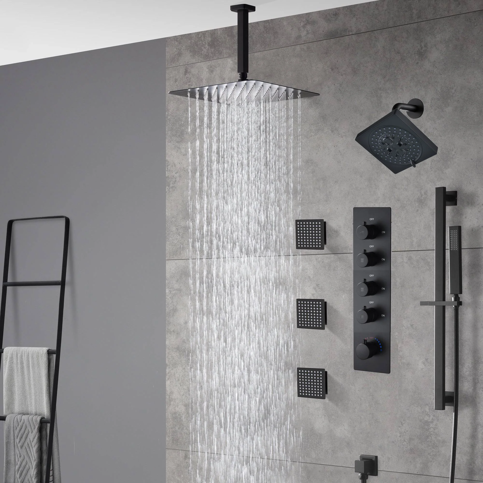 Matte Black Ceiling-Mounted 4-Way Digital Thermostatic Shower System with Regular and Rainfall Heads 12'' or 16'', Optional LED Light Feature - Image 6