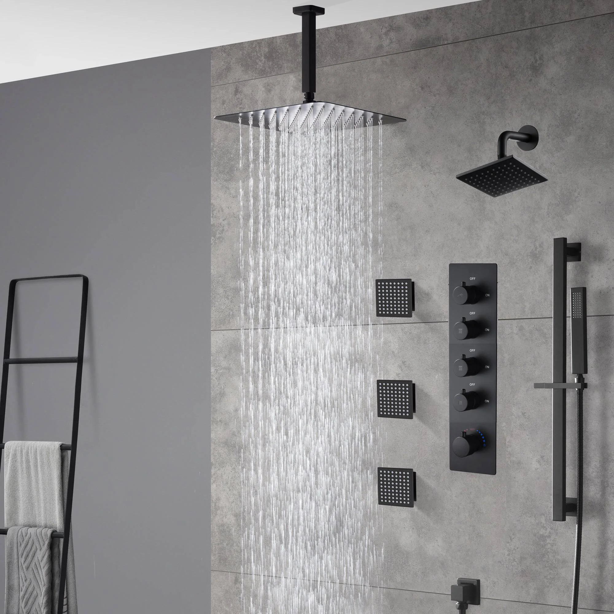 Matte Black Ceiling-Mounted 4-Way Digital Thermostatic Shower System with Regular and Rainfall Heads 12'' or 16'', Optional LED Light Feature - Image 8