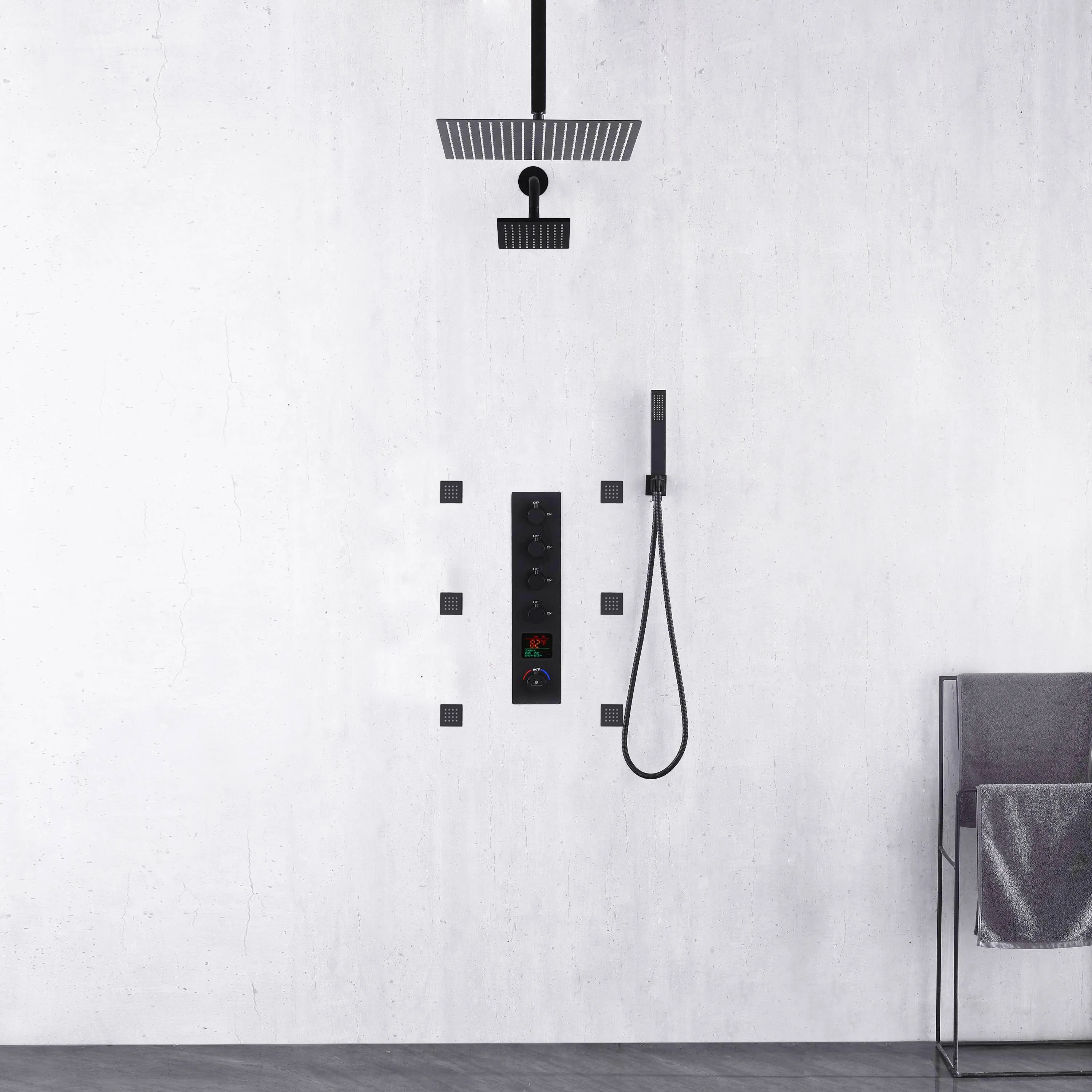 Matte Black ceiling mount 12 inch or 16 inch rainfall shower head wall mount 6 inch high water pressure regular shower head 4 way thermostatic shower faucet with 2 inch body jets - Image 2
