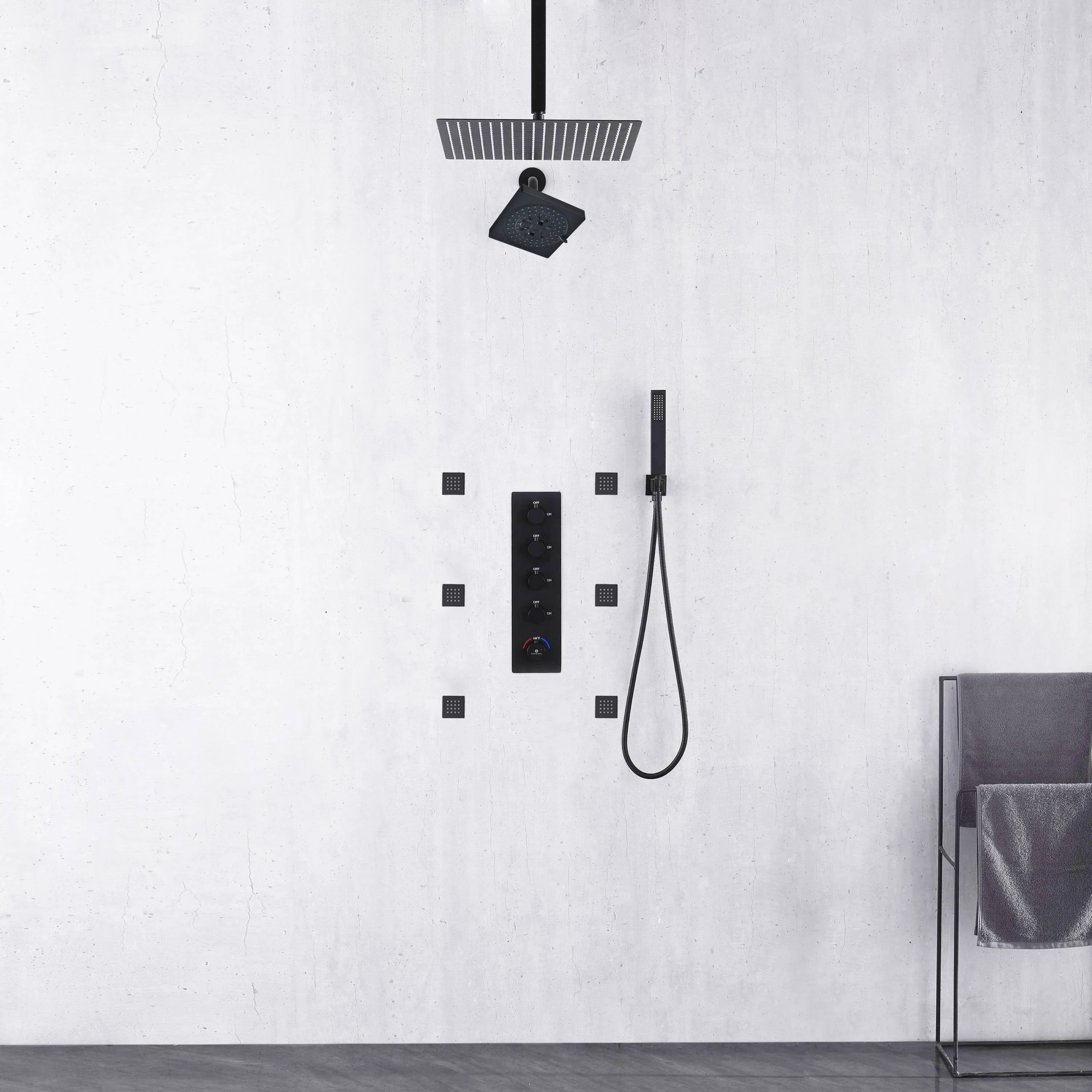Matte Black ceiling mount 12 inch or 16 inch rainfall shower head wall mount 6 inch high water pressure regular shower head 4 way thermostatic shower faucet with 2 inch body jets - Image 3