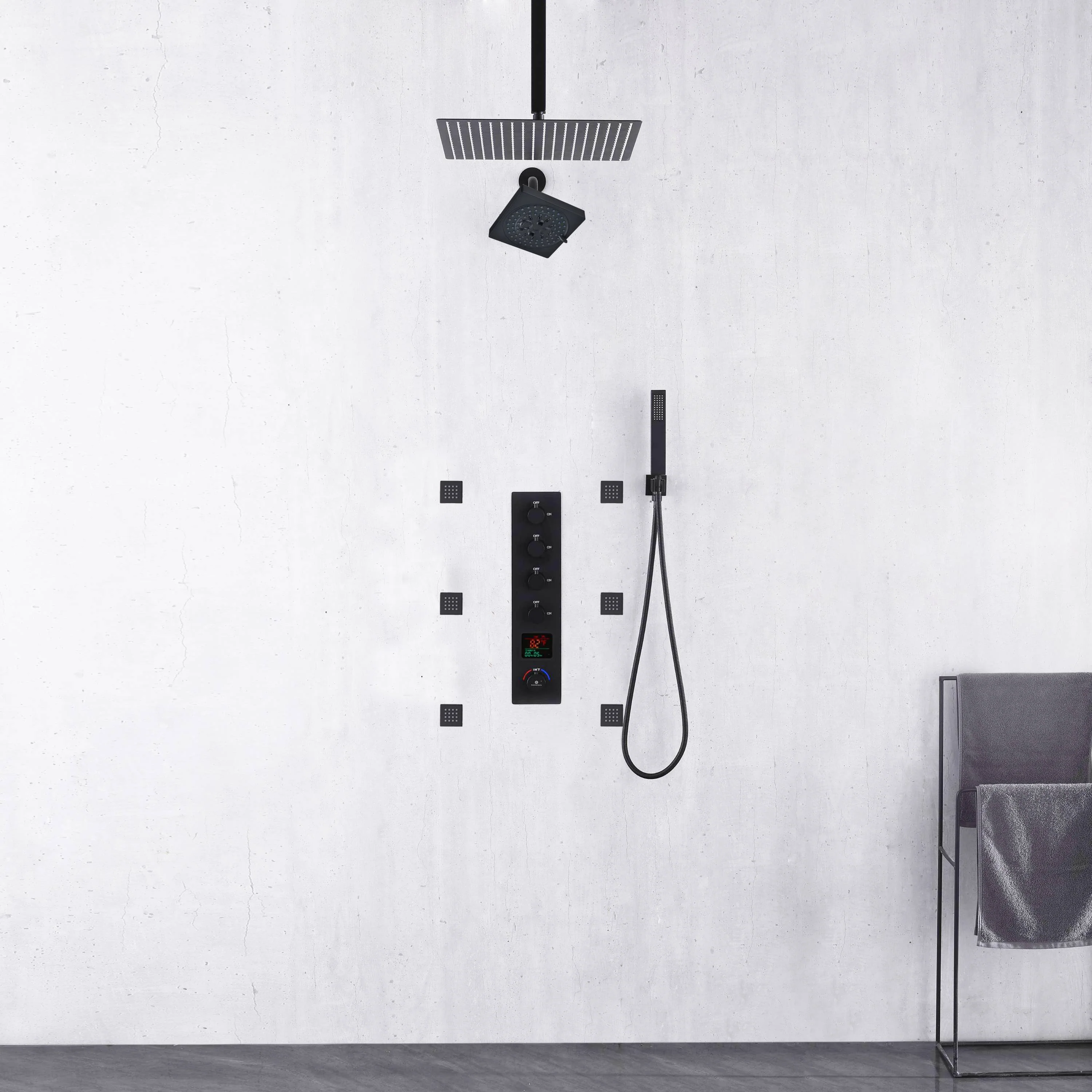 Matte Black ceiling mount 12 inch or 16 inch rainfall shower head wall mount 6 inch high water pressure regular shower head 4 way thermostatic shower faucet with 2 inch body jets - Image 4