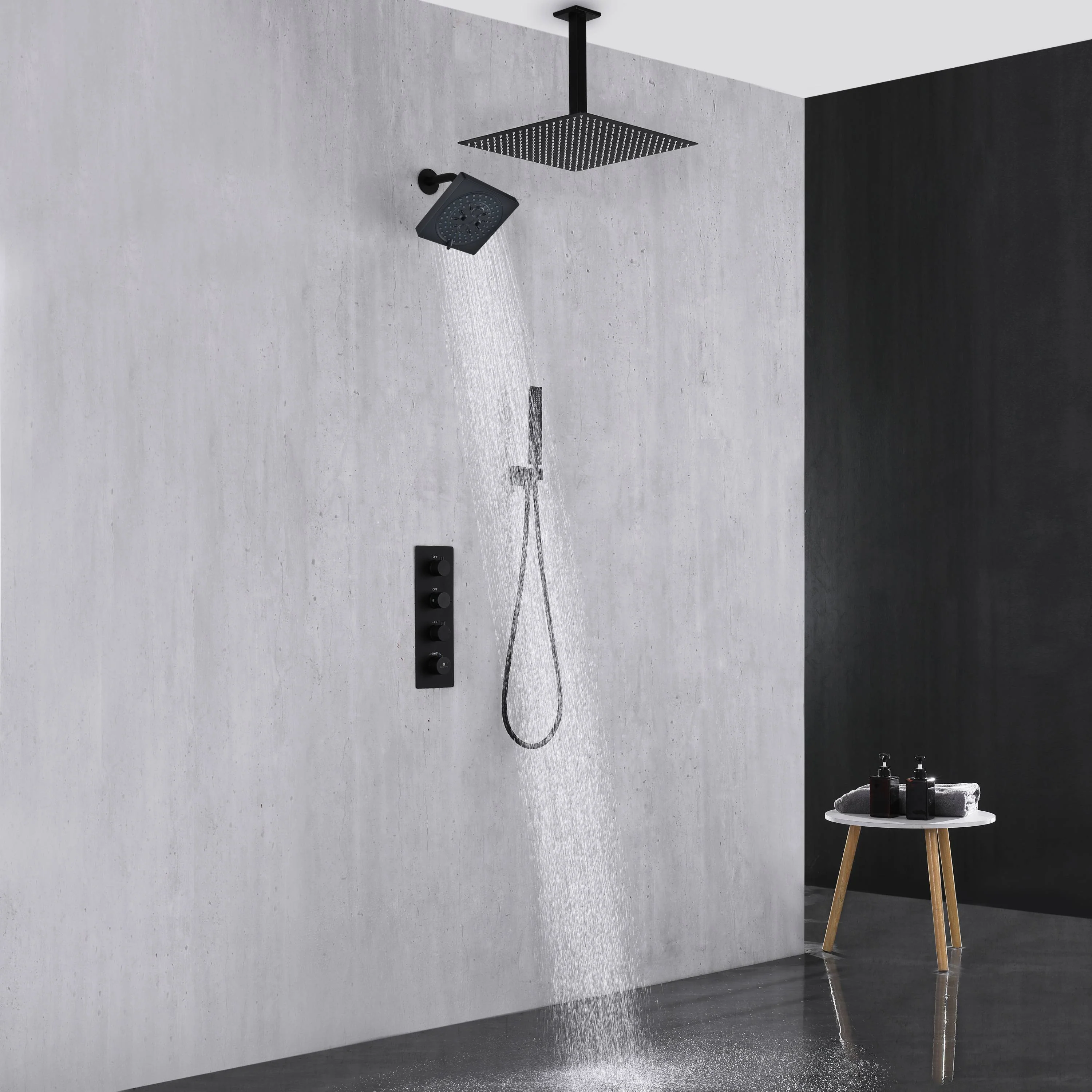 Matte Black 3-Way Thermostatic Ceiling Mount Shower System - With High Pressure 6-inch Wall Mount Shower Head and Choice of 12 or 16-inch Rainfall LED or Non-LED Shower Head