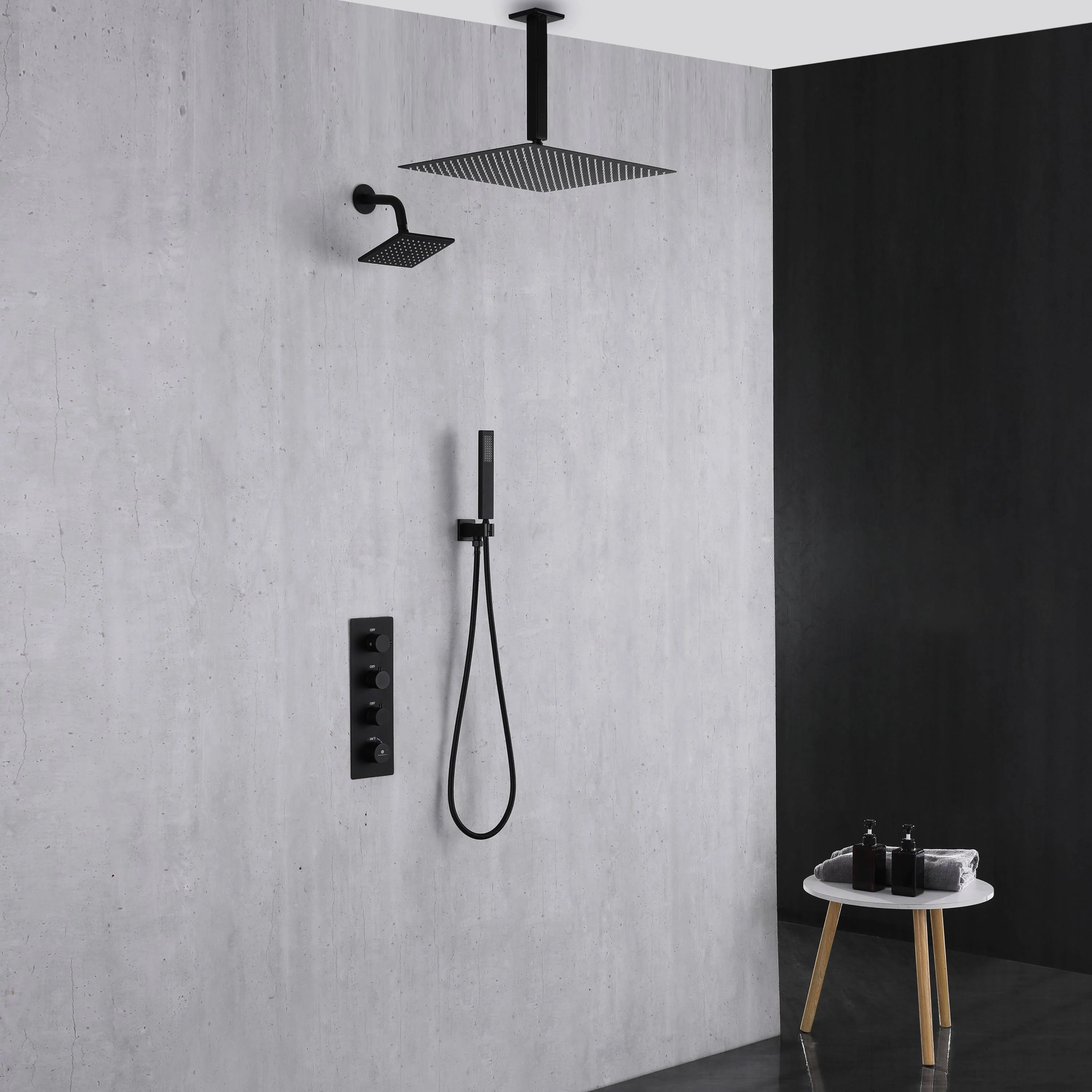 Matte Black 3-Way Thermostatic Ceiling Mount Shower System - With High Pressure 6-inch Wall Mount Shower Head and Choice of 12 or 16-inch Rainfall LED or Non-LED Shower Head - Image 10