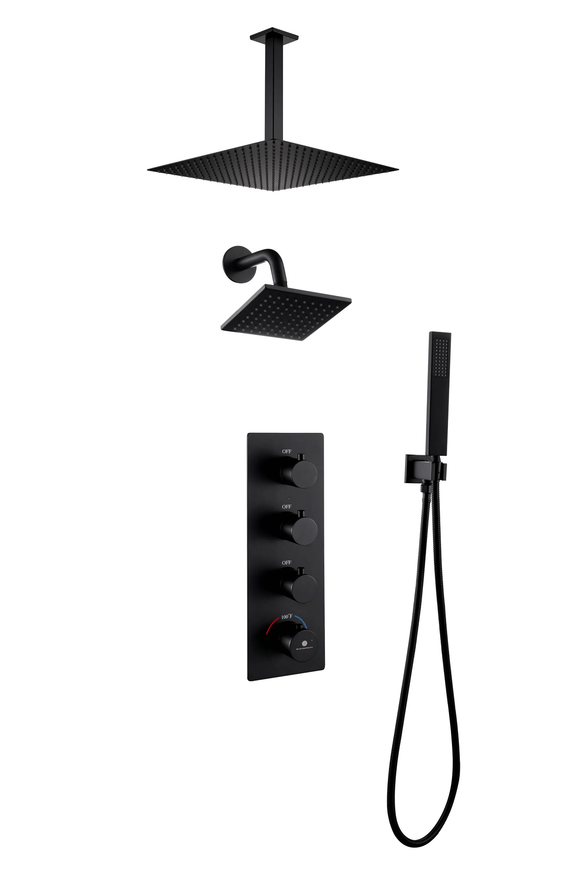 Matte Black 3-Way Thermostatic Ceiling Mount Shower System - With High Pressure 6-inch Wall Mount Shower Head and Choice of 12 or 16-inch Rainfall LED or Non-LED Shower Head - Image 16