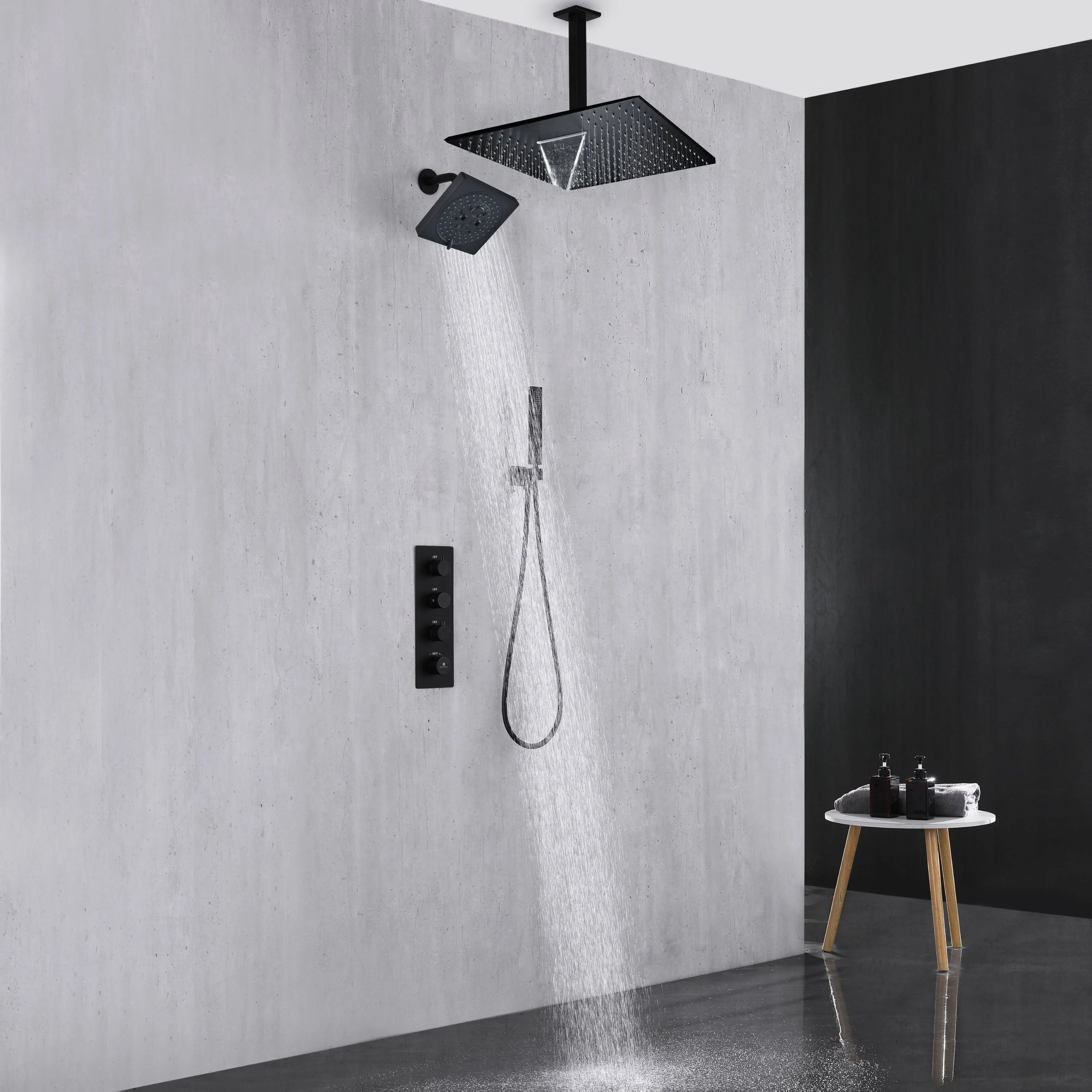 Matte Black 3-Way Thermostatic Ceiling Mount Shower System - With High Pressure 6-inch Wall Mount Shower Head and Choice of 12 or 16-inch Rainfall LED or Non-LED Shower Head - Image 2