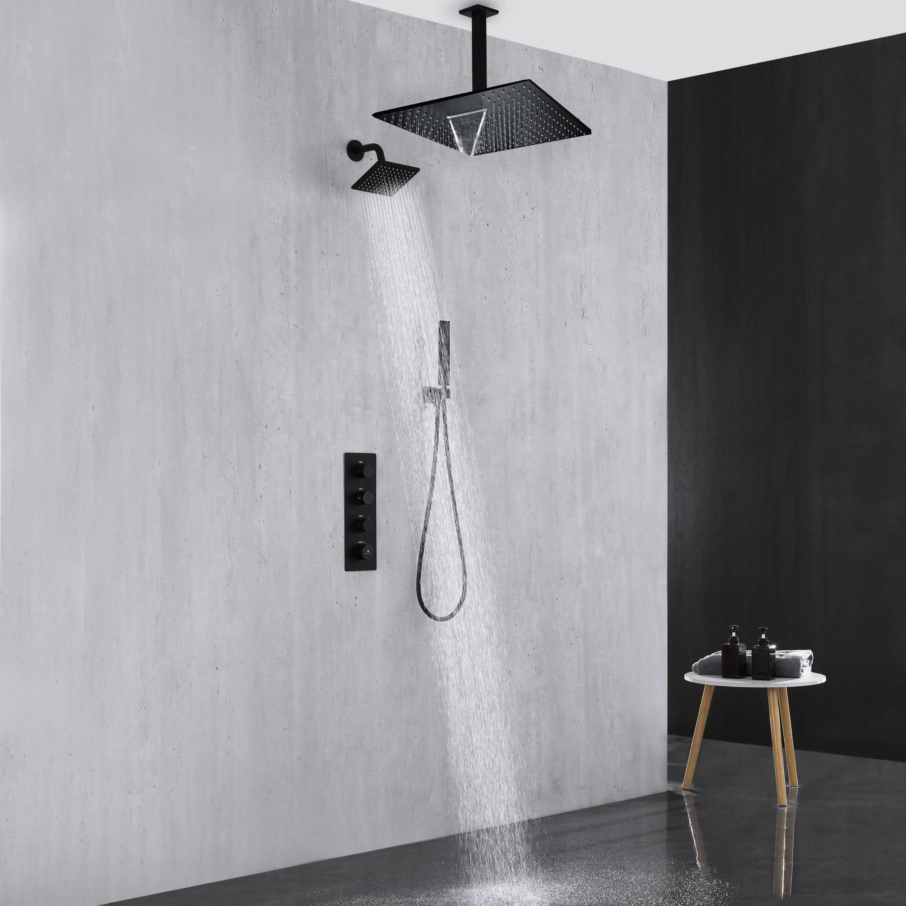 Matte Black 3-Way Thermostatic Ceiling Mount Shower System - With High Pressure 6-inch Wall Mount Shower Head and Choice of 12 or 16-inch Rainfall LED or Non-LED Shower Head - Image 3