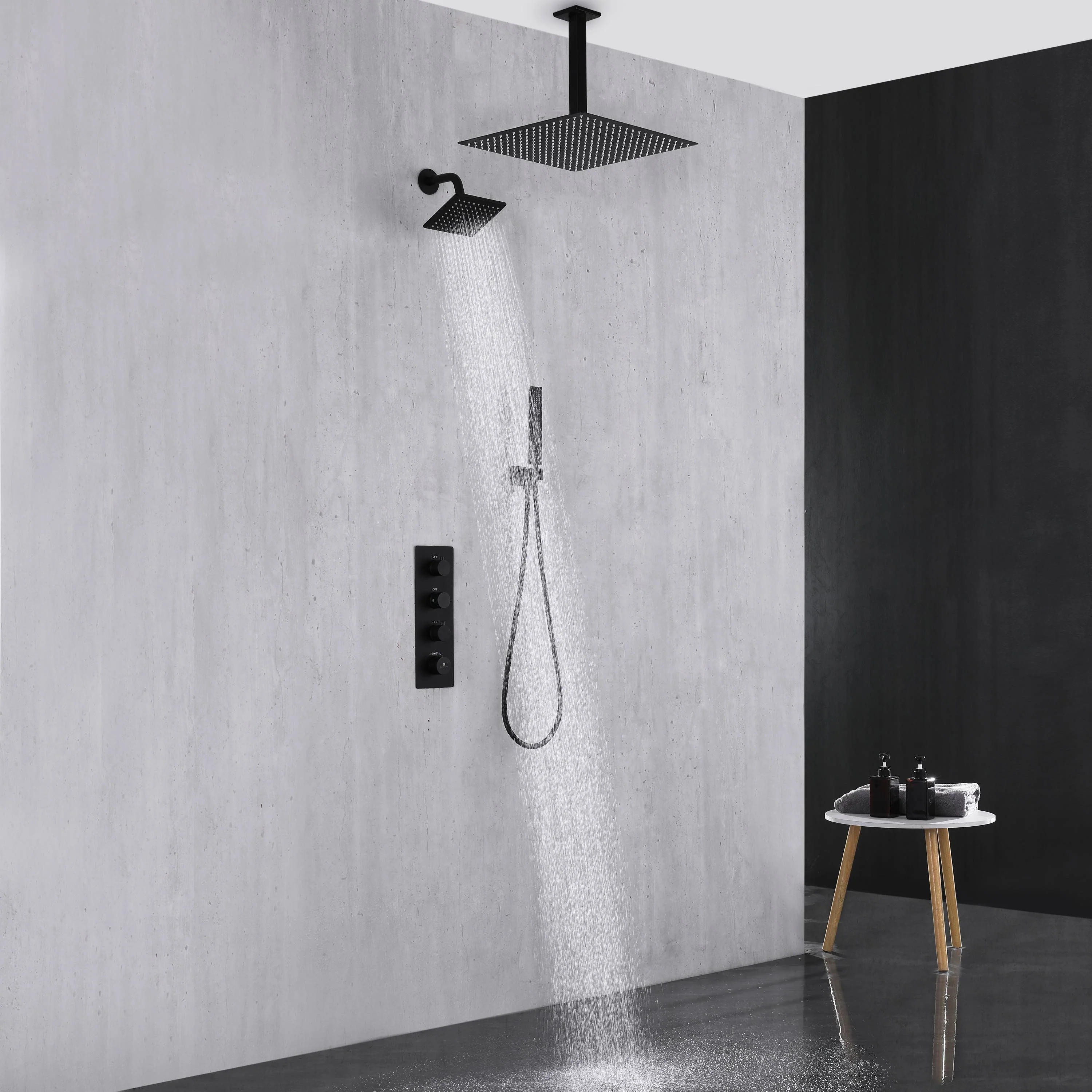 Matte Black 3-Way Thermostatic Ceiling Mount Shower System - With High Pressure 6-inch Wall Mount Shower Head and Choice of 12 or 16-inch Rainfall LED or Non-LED Shower Head - Image 4