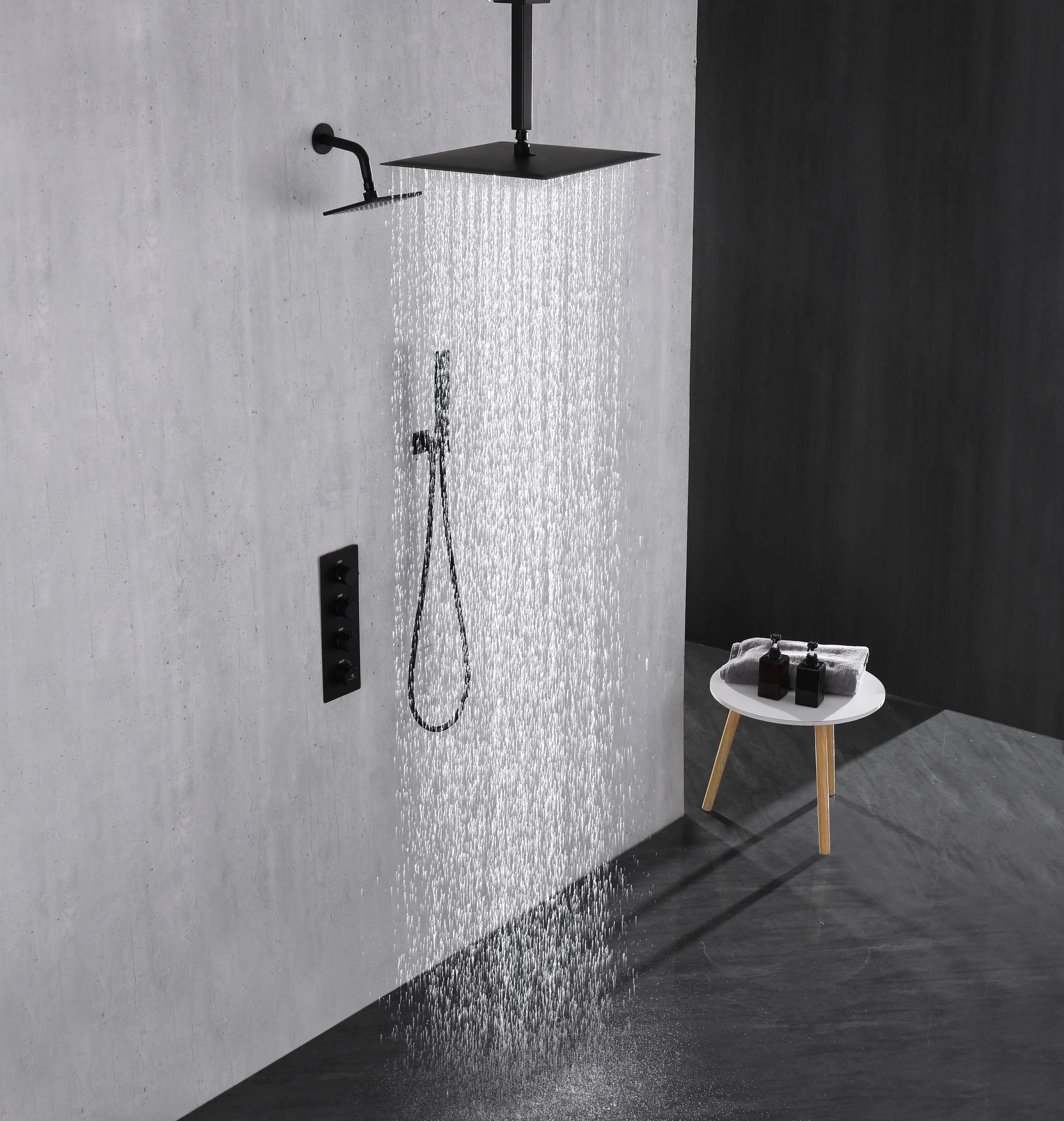Matte Black 3-Way Thermostatic Ceiling Mount Shower System - With High Pressure 6-inch Wall Mount Shower Head and Choice of 12 or 16-inch Rainfall LED or Non-LED Shower Head - Image 5