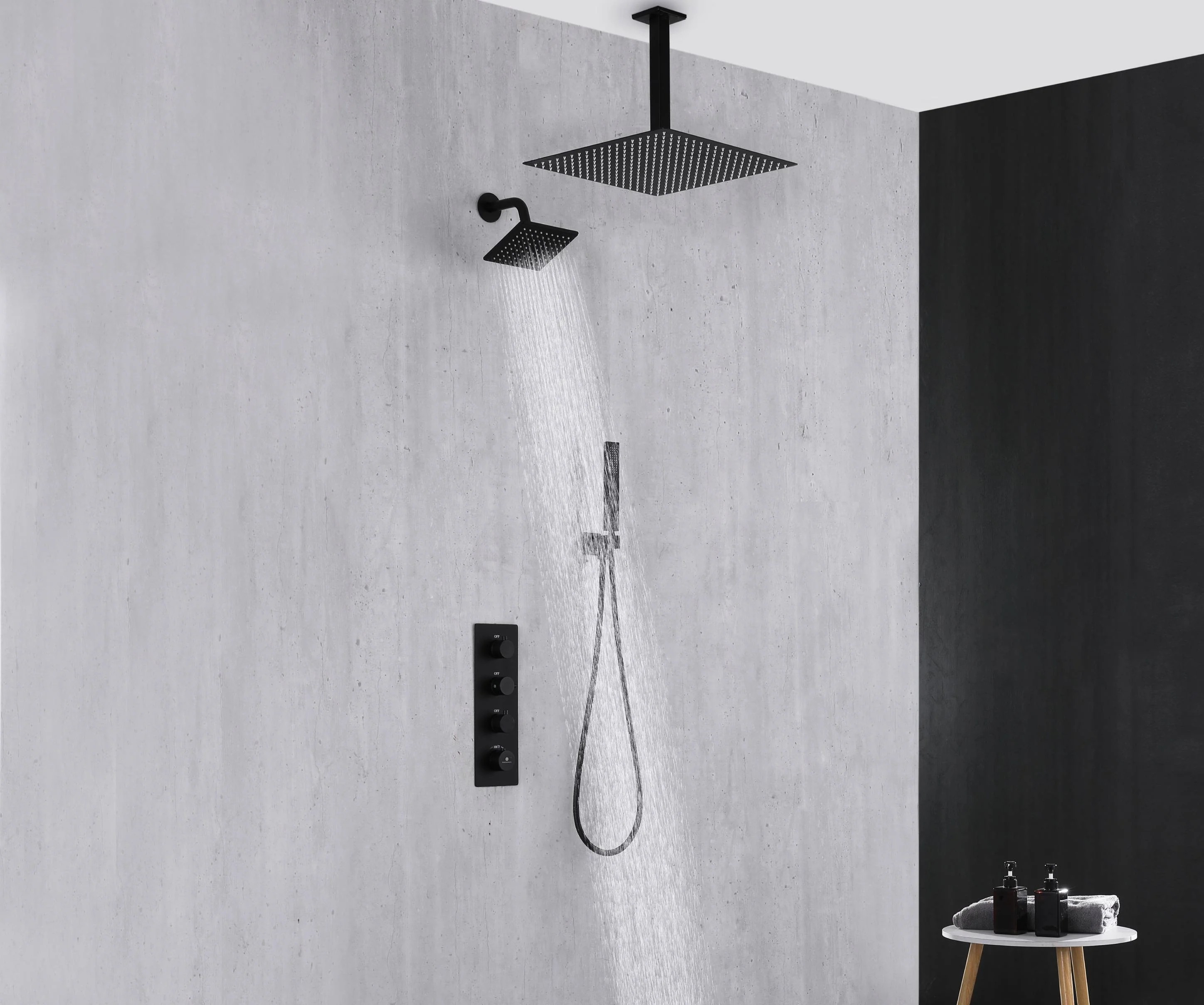 Matte Black 3-Way Thermostatic Ceiling Mount Shower System - With High Pressure 6-inch Wall Mount Shower Head and Choice of 12 or 16-inch Rainfall LED or Non-LED Shower Head - Image 6