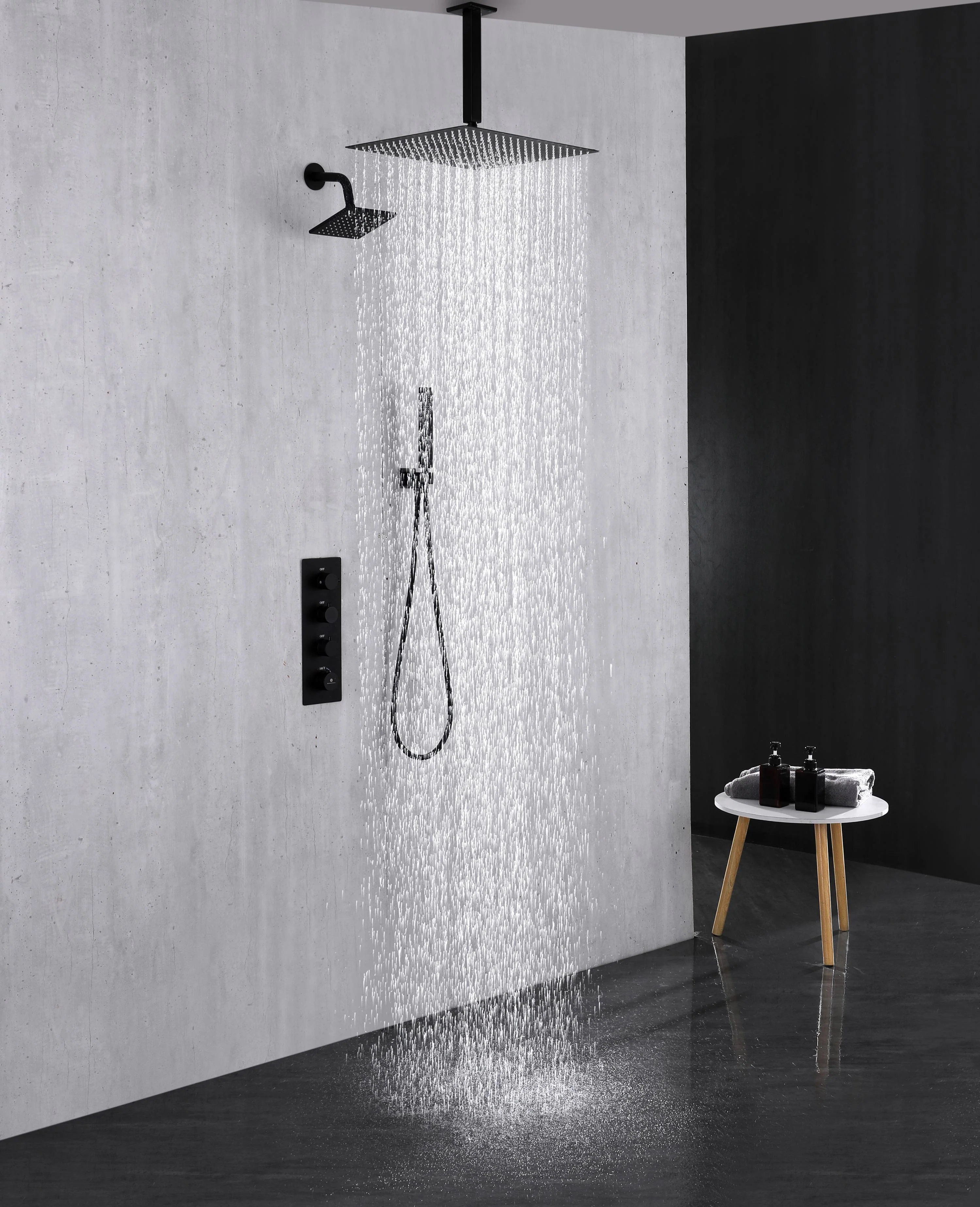 Matte Black 3-Way Thermostatic Ceiling Mount Shower System - With High Pressure 6-inch Wall Mount Shower Head and Choice of 12 or 16-inch Rainfall LED or Non-LED Shower Head - Image 7