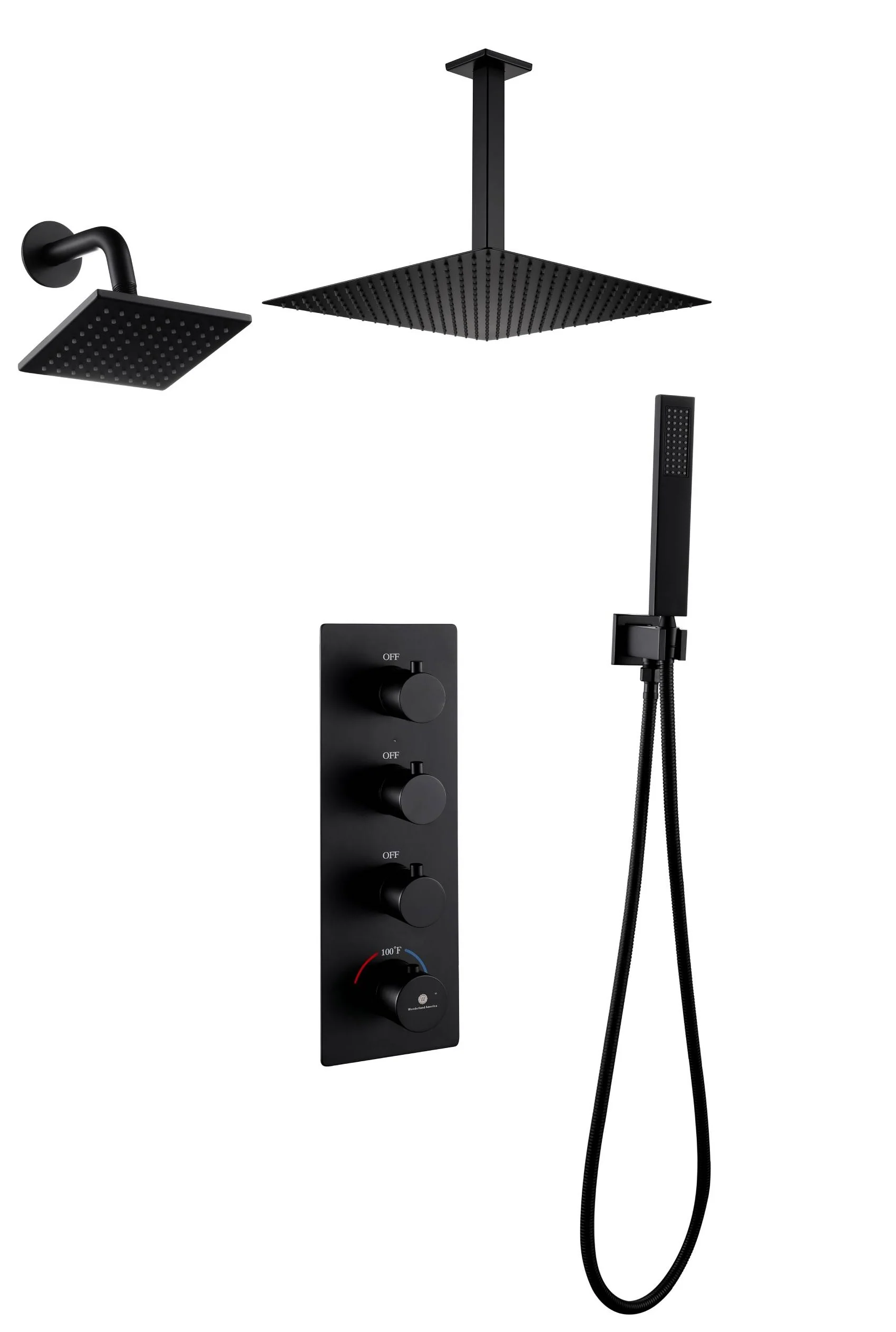Matte Black 3-Way Thermostatic Ceiling Mount Shower System - With High Pressure 6-inch Wall Mount Shower Head and Choice of 12 or 16-inch Rainfall LED or Non-LED Shower Head - Image 8