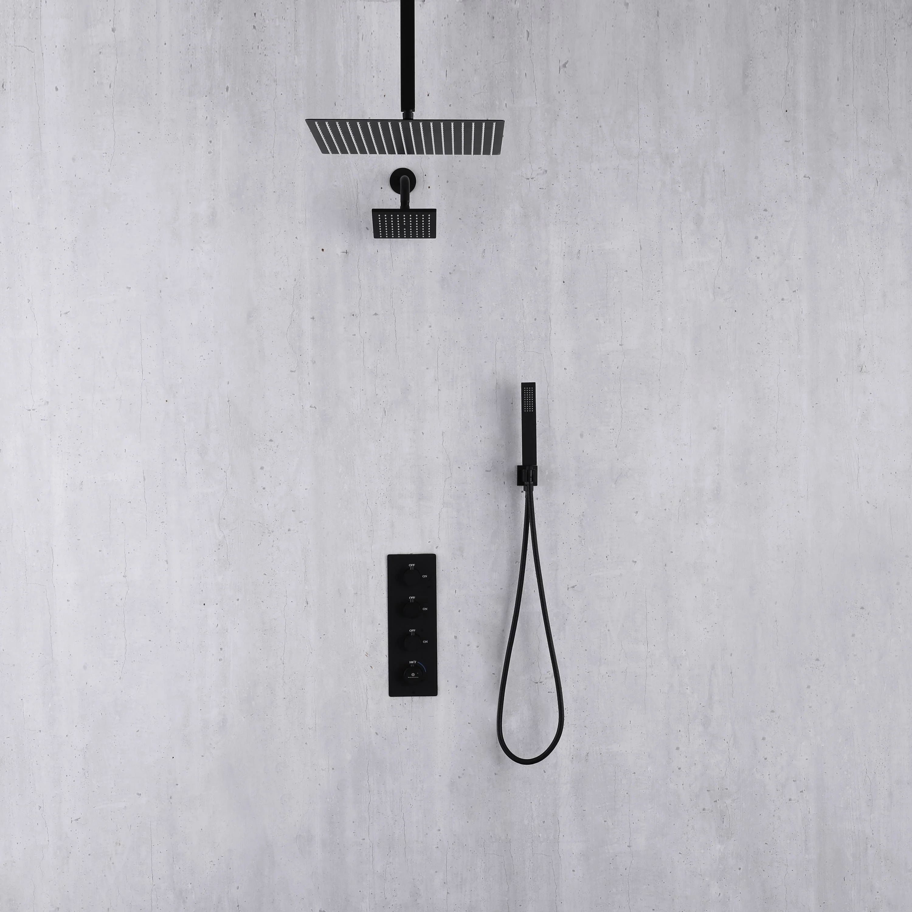 Matte Black 3-Way Thermostatic Ceiling Mount Shower System - With High Pressure 6-inch Wall Mount Shower Head and Choice of 12 or 16-inch Rainfall LED or Non-LED Shower Head - Image 9