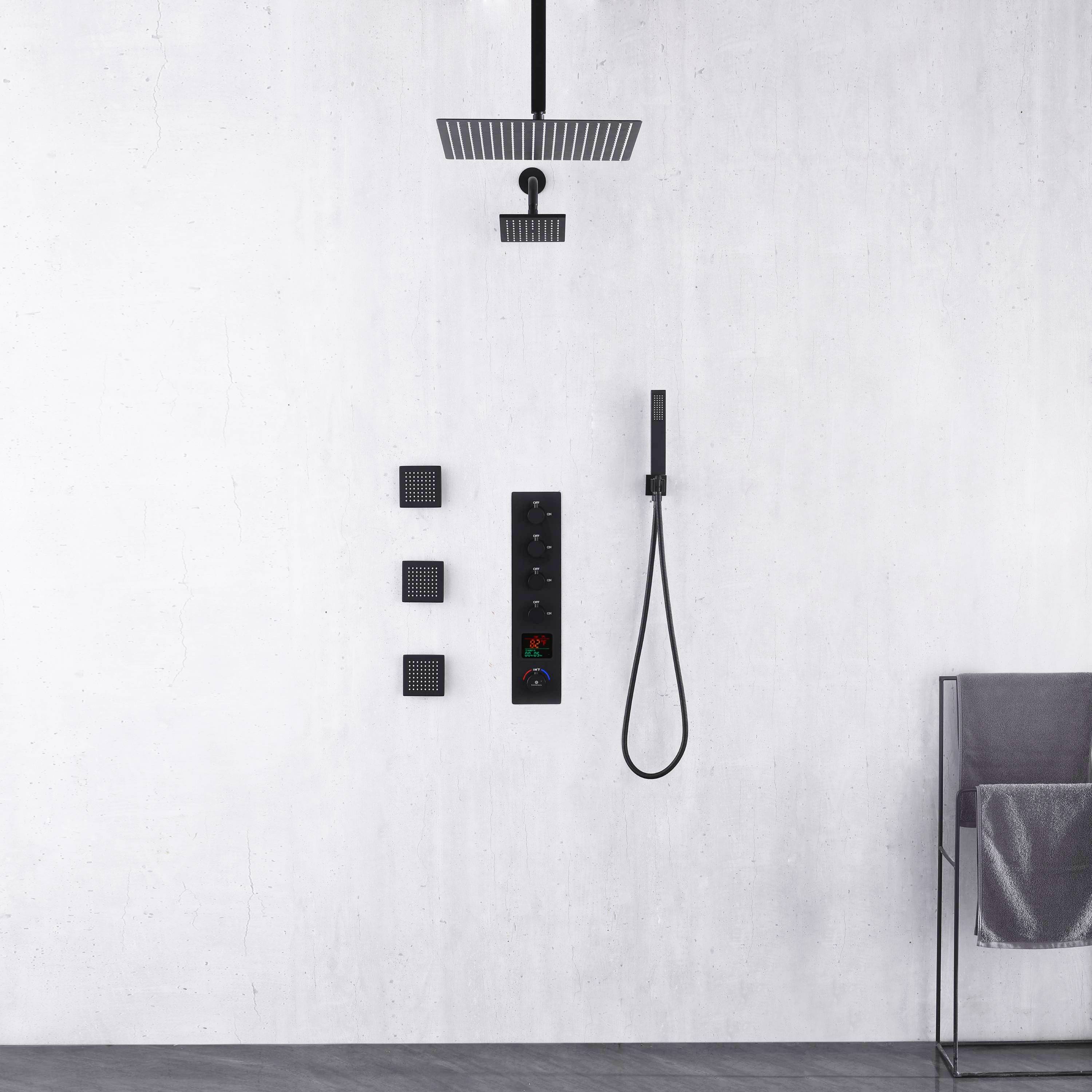 Matte Black ceiling mount 12 inch or 16 inch rainfall shower head wall mount 6 inch high water pressure regular shower head 4 way thermostatic shower faucet with 4 inch body jets - Image 3