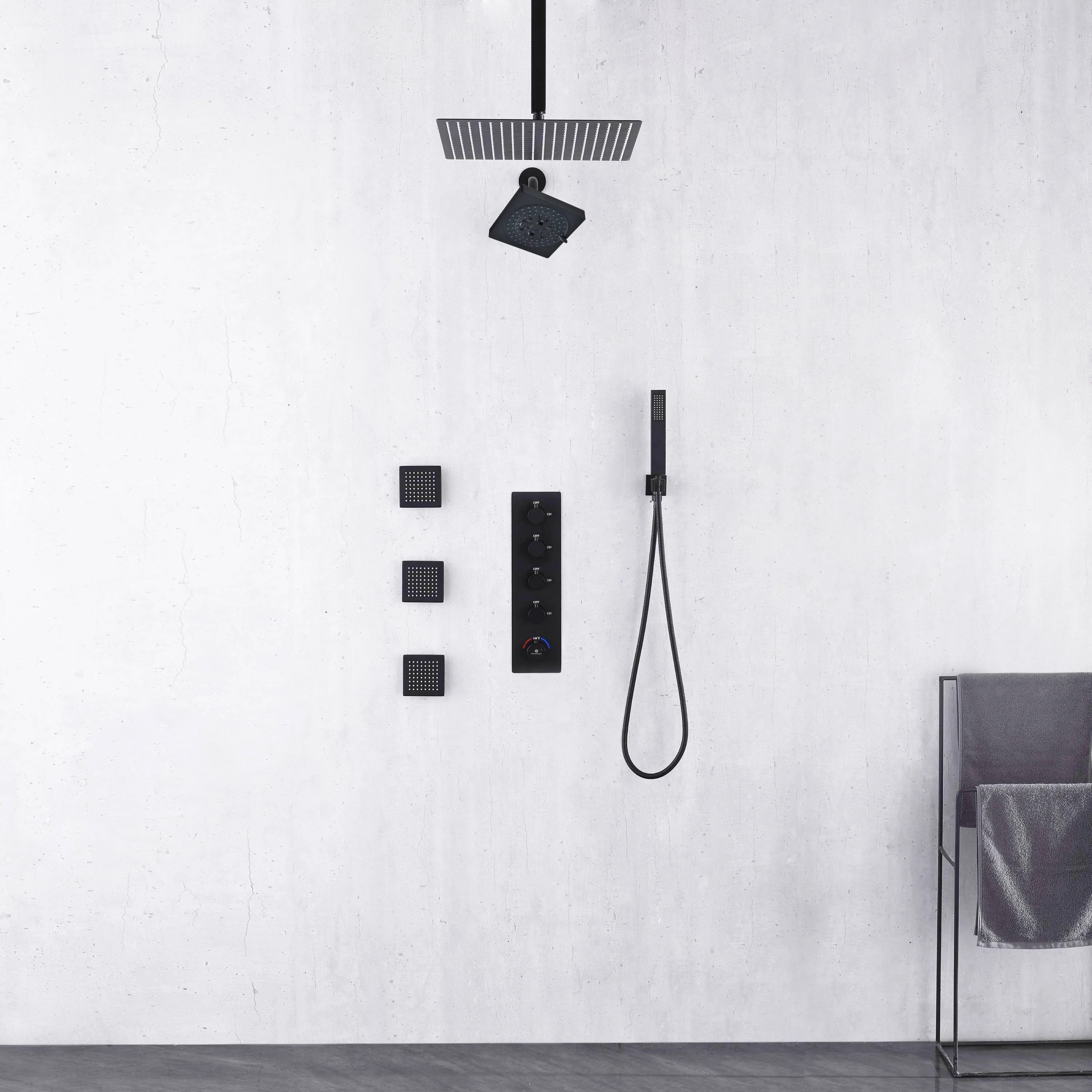 Matte Black ceiling mount 12 inch or 16 inch rainfall shower head wall mount 6 inch high water pressure regular shower head 4 way thermostatic shower faucet with 4 inch body jets - Image 4