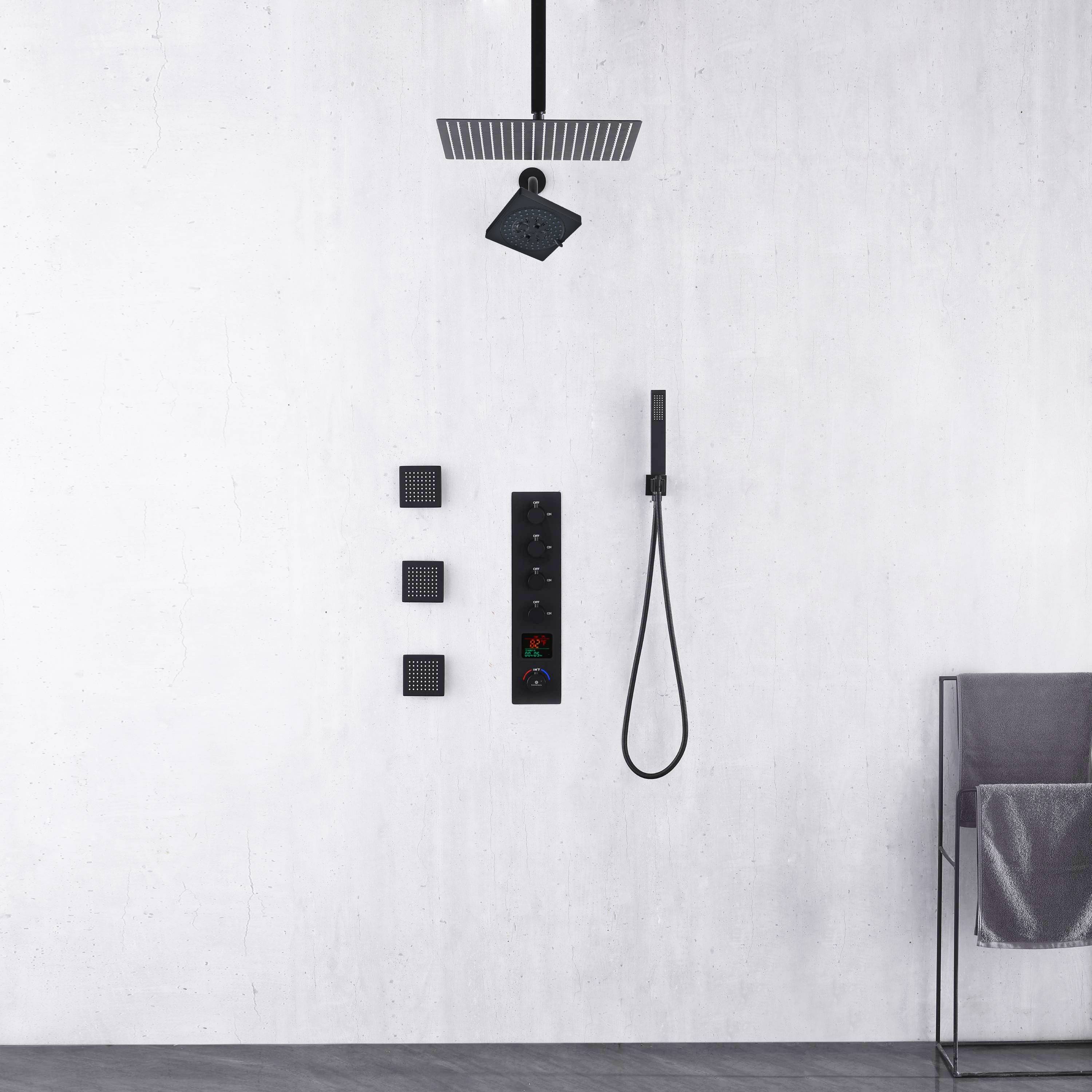 Matte Black ceiling mount 12 inch or 16 inch rainfall shower head wall mount 6 inch high water pressure regular shower head 4 way thermostatic shower faucet with 4 inch body jets - Image 5