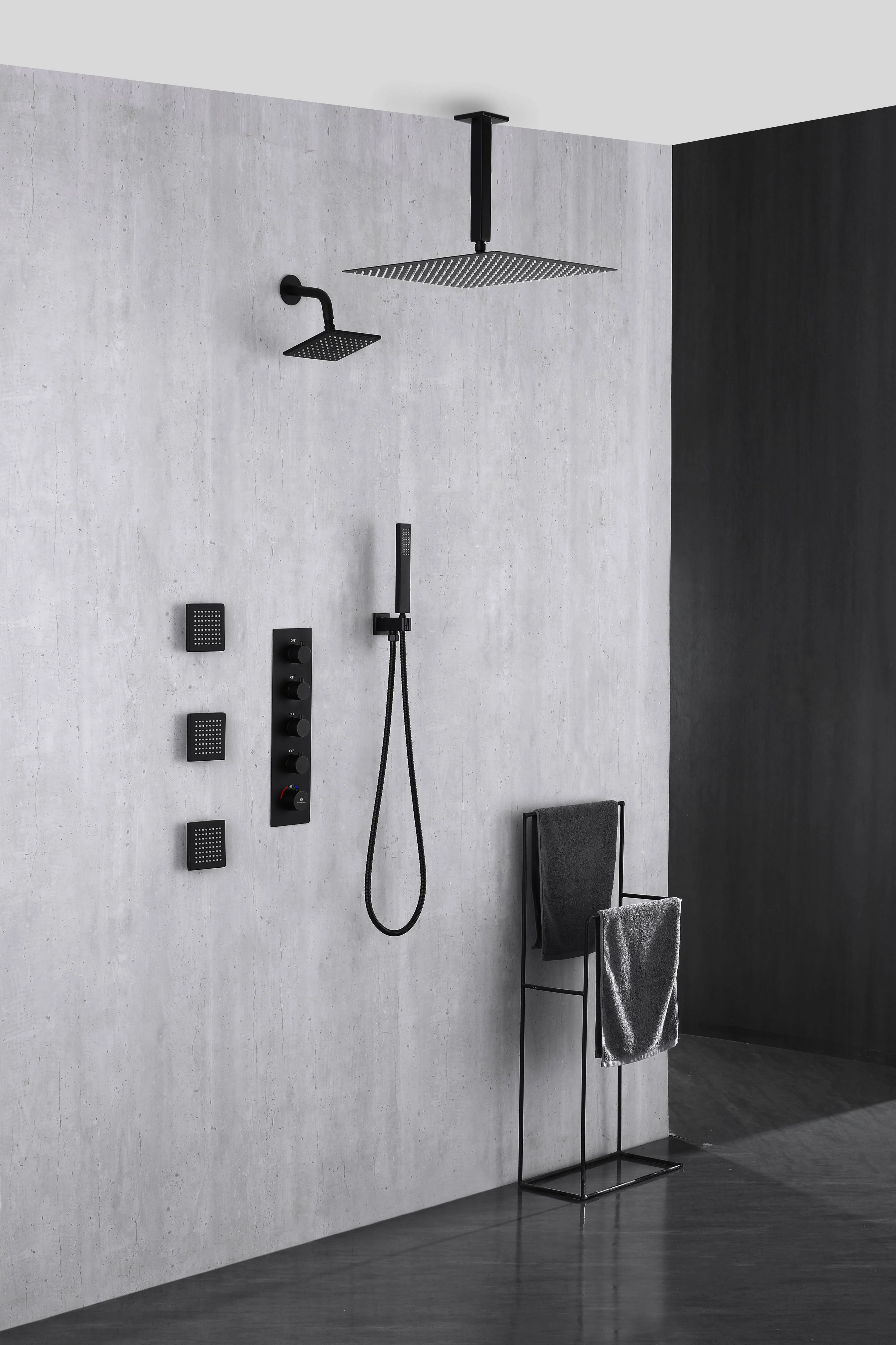 Matte Black ceiling mount 12 inch or 16 inch rainfall shower head wall mount 6 inch high water pressure regular shower head 4 way thermostatic shower faucet with 4 inch body jets - Image 6