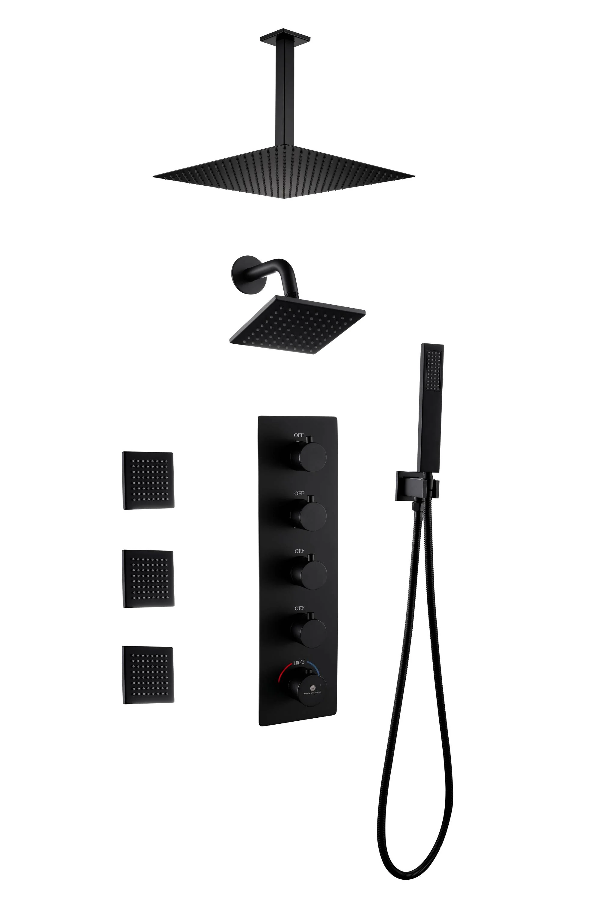 Matte Black ceiling mount 12 inch or 16 inch rainfall shower head wall mount 6 inch high water pressure regular shower head 4 way thermostatic shower faucet with 4 inch body jets - Image 7