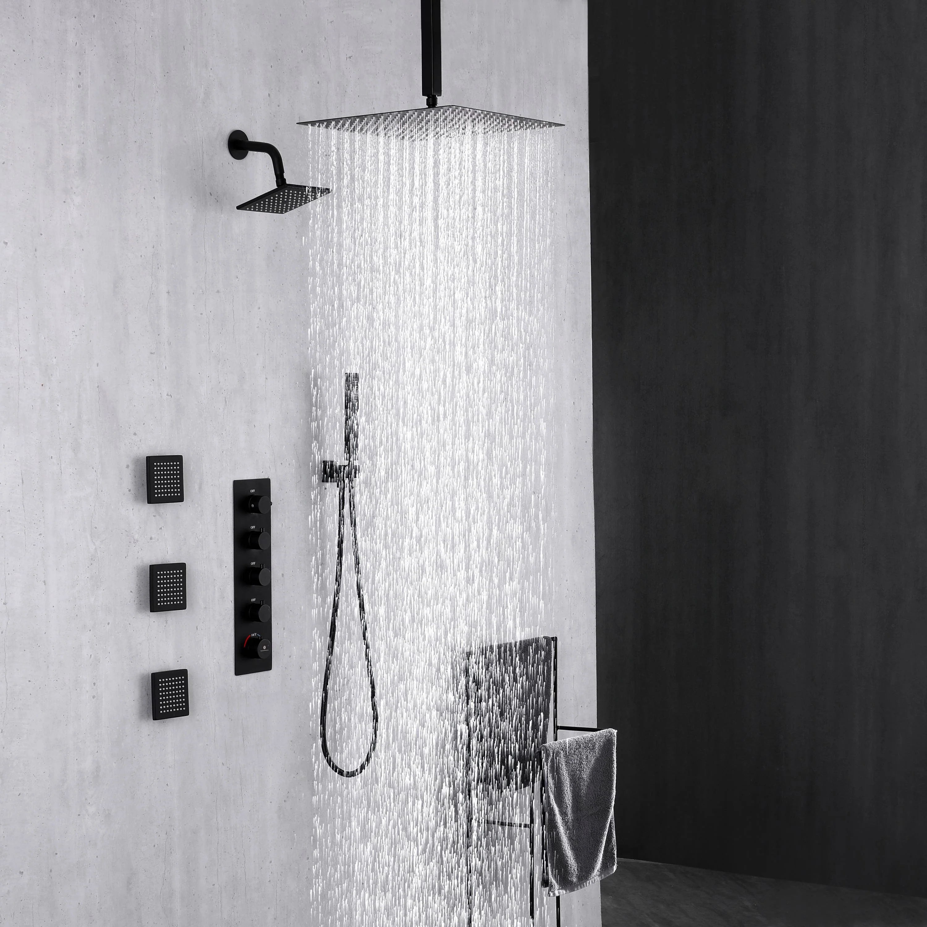 Matte Black ceiling mount 12 inch or 16 inch rainfall shower head wall mount 6 inch high water pressure regular shower head 4 way thermostatic shower faucet with 4 inch body jets - Image 8