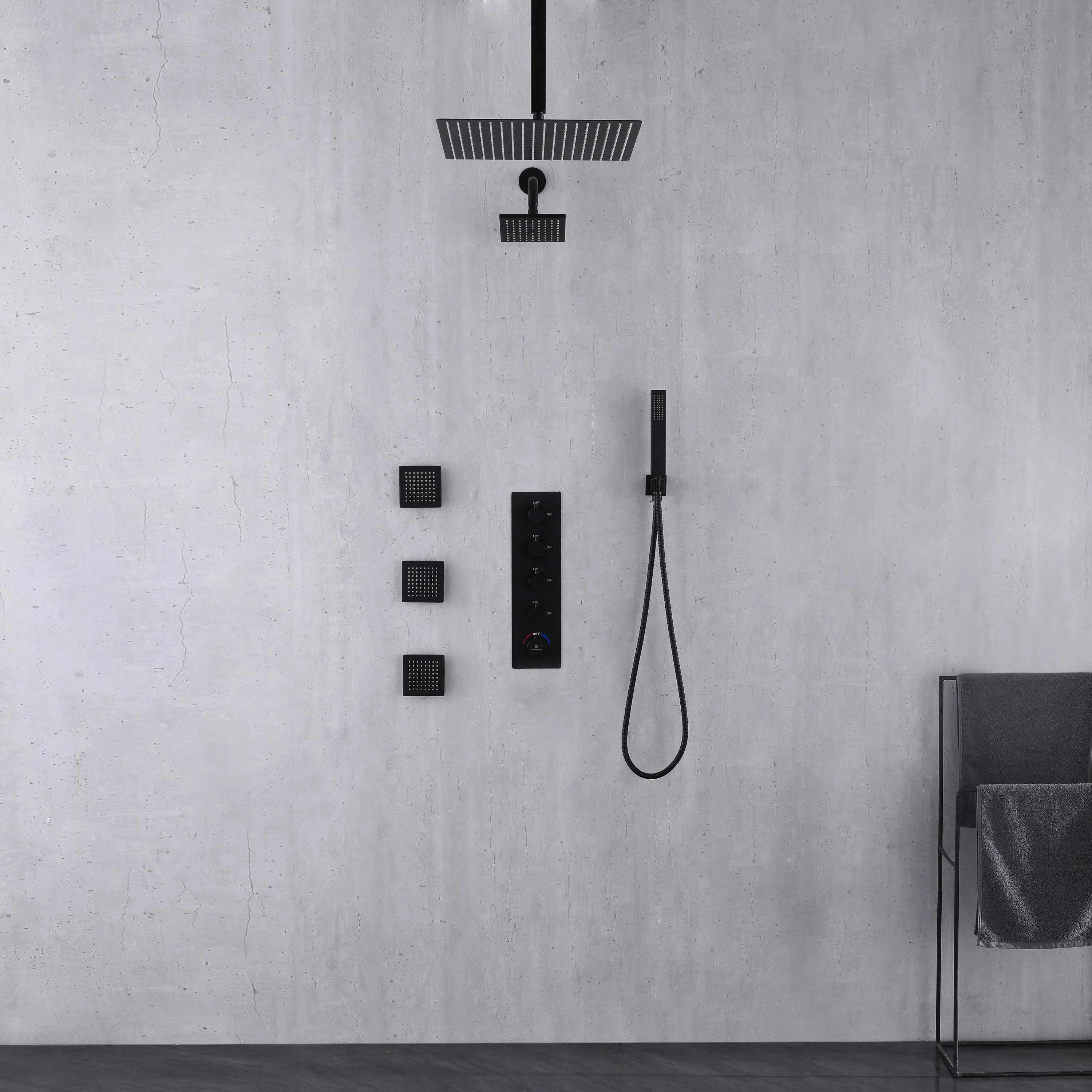 Matte Black ceiling mount 12 inch or 16 inch rainfall shower head wall mount 6 inch high water pressure regular shower head 4 way thermostatic shower faucet with 4 inch body jets - Image 9