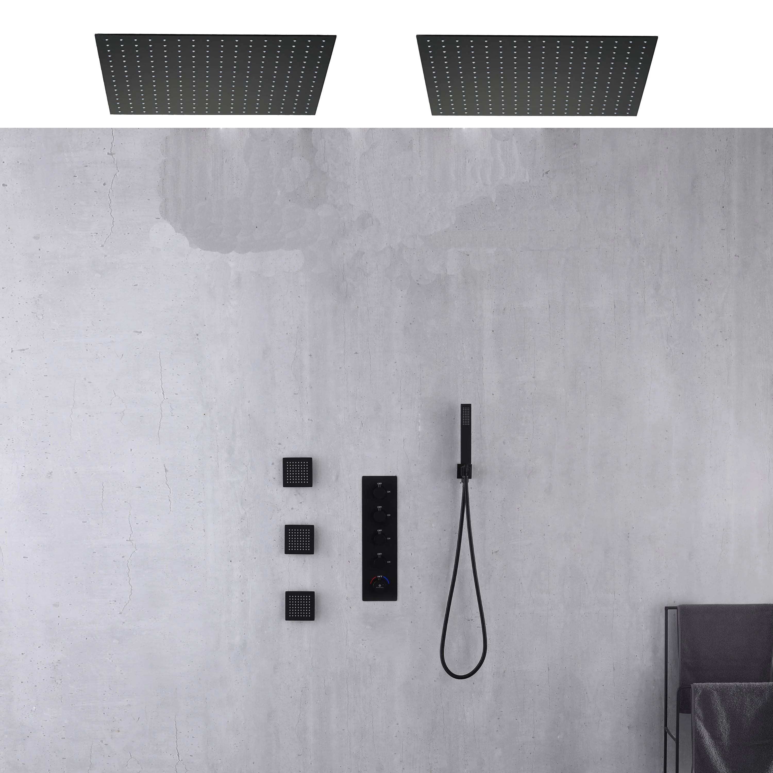 Matte black ceiling mount 2 x 20inch led light rainfall shower head 4 way digital display thermostatic shower faucet with 6 body jets - Image 2