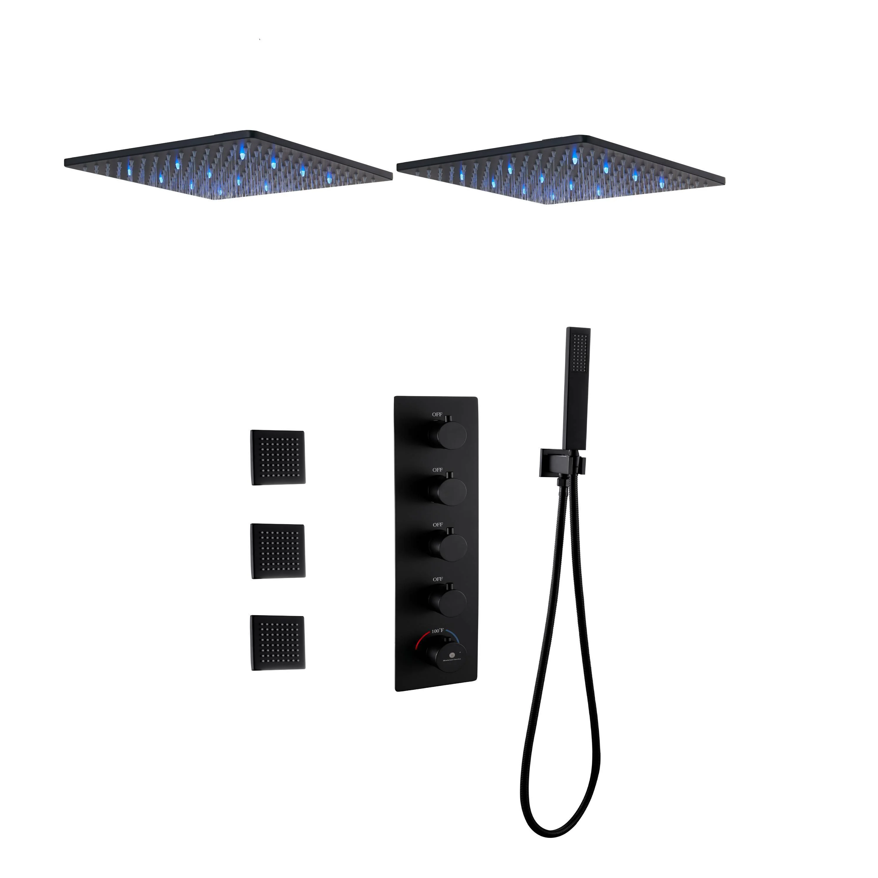Matte black ceiling mount 2 x 20inch led light rainfall shower head 4 way digital display thermostatic shower faucet with 6 body jets - Image 7
